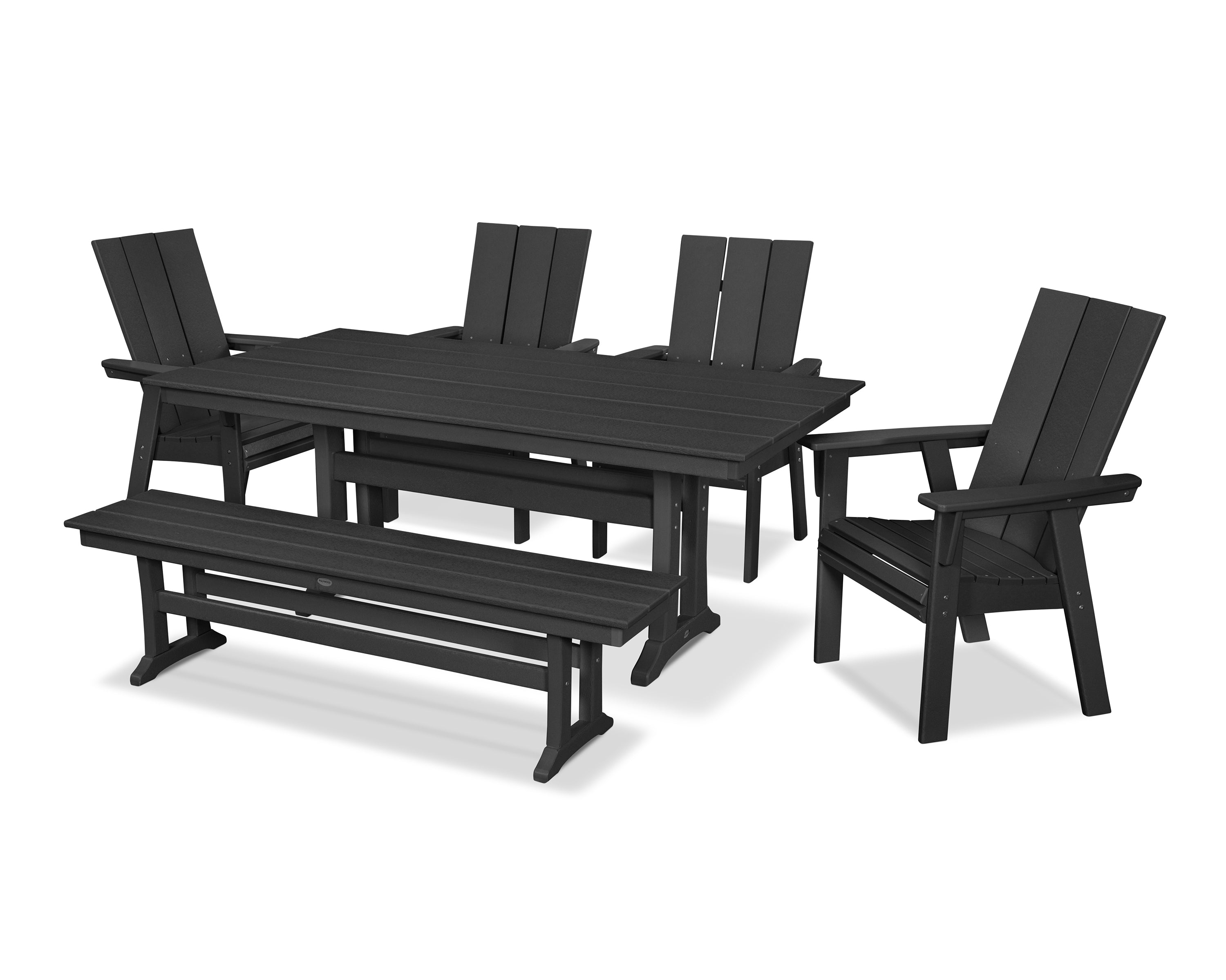 POLYWOOD® Modern Curveback Adirondack 6-Piece Farmhouse Dining Set with Trestle Legs and Bench in Black