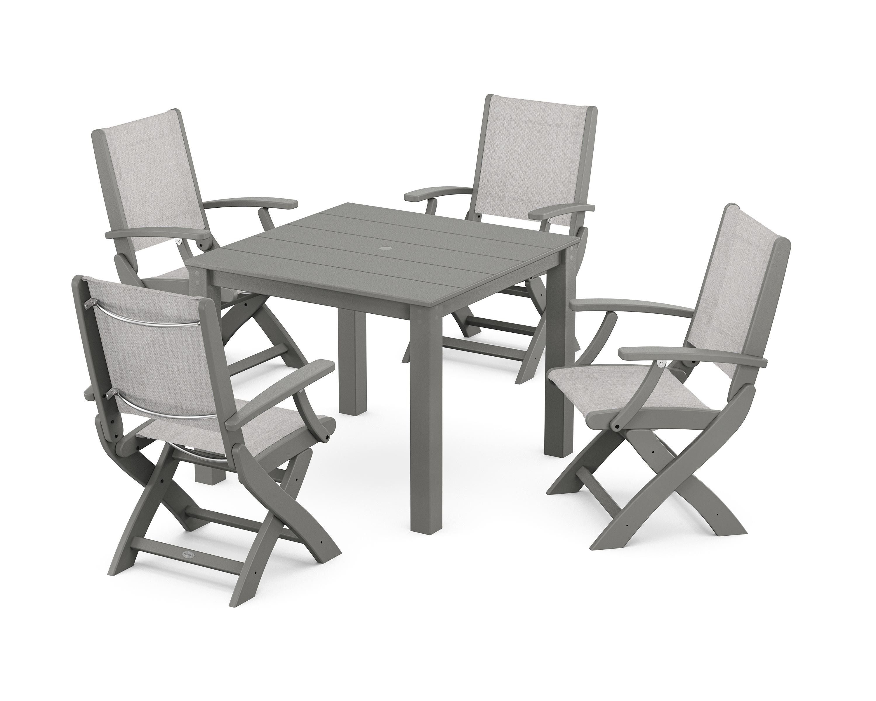 POLYWOOD Coastal Folding Chair 5-Piece Parsons Dining Set in White / Dupioni Sea Mist Sling