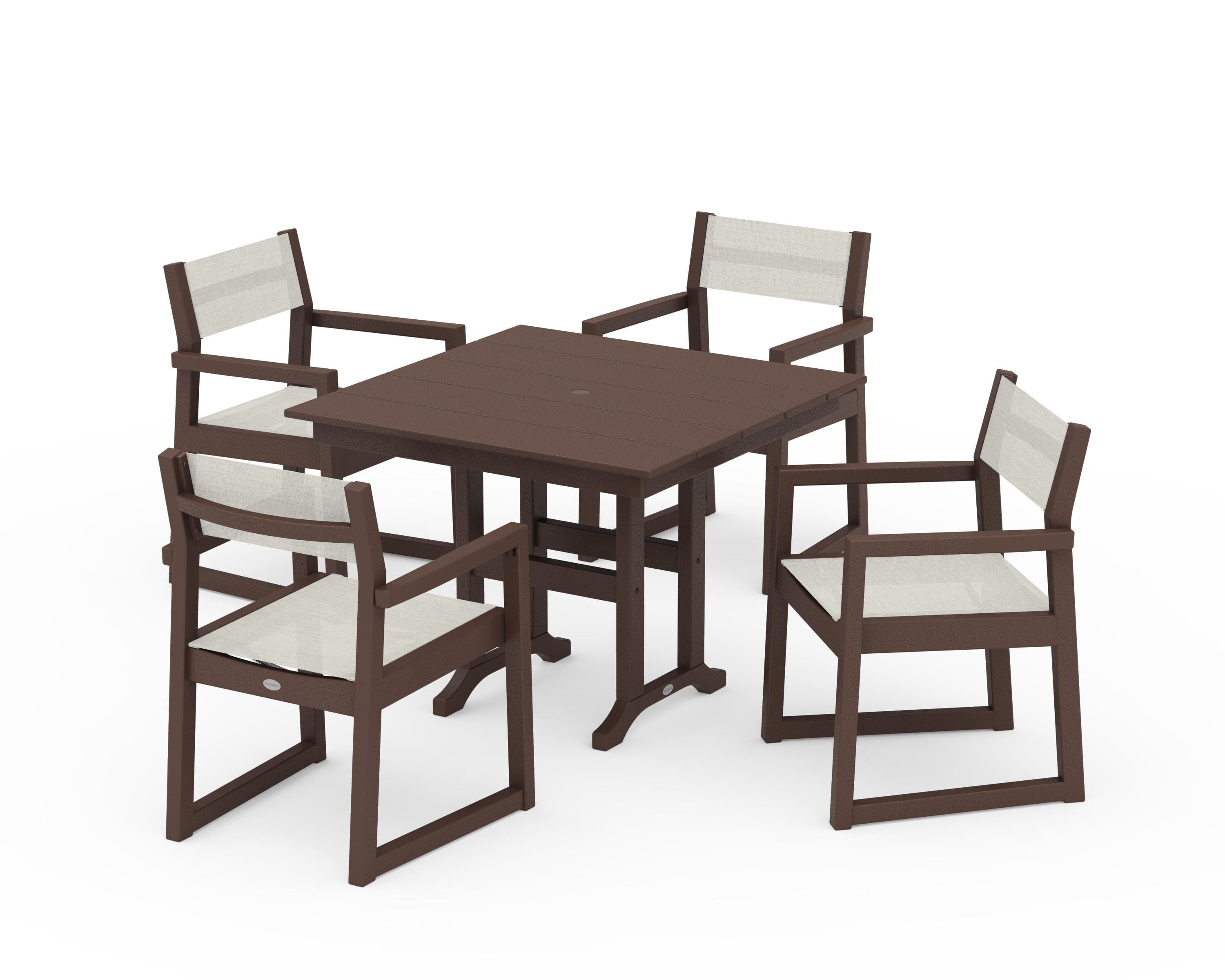 POLYWOOD EDGE Sling Arm Chair 5-Piece Farmhouse Dining Set in Mahogany / Parchment Sling