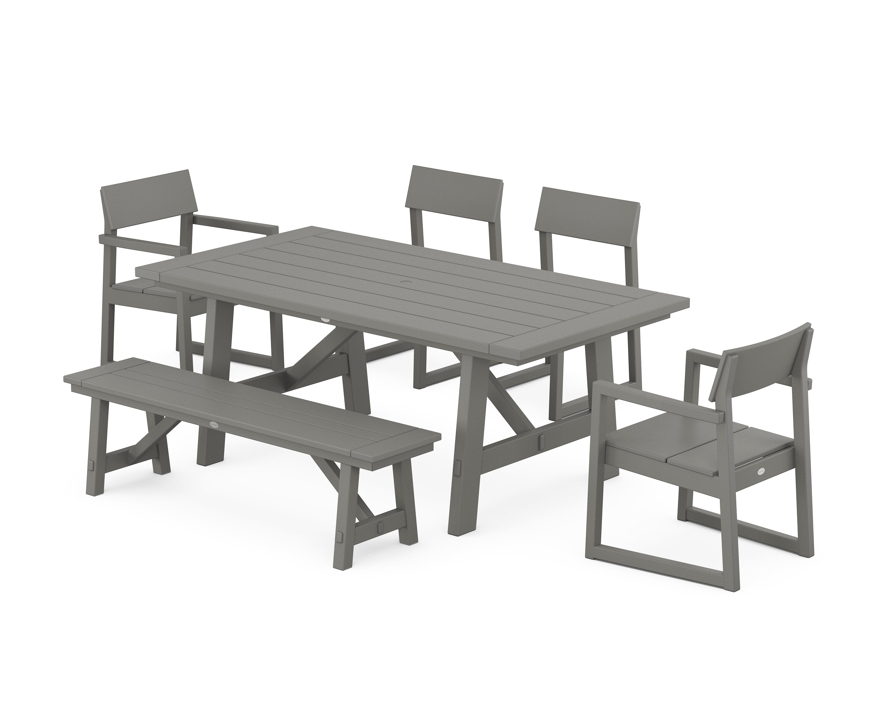 POLYWOOD® EDGE 6-Piece Rustic Farmhouse Dining Set with Bench in Slate Grey