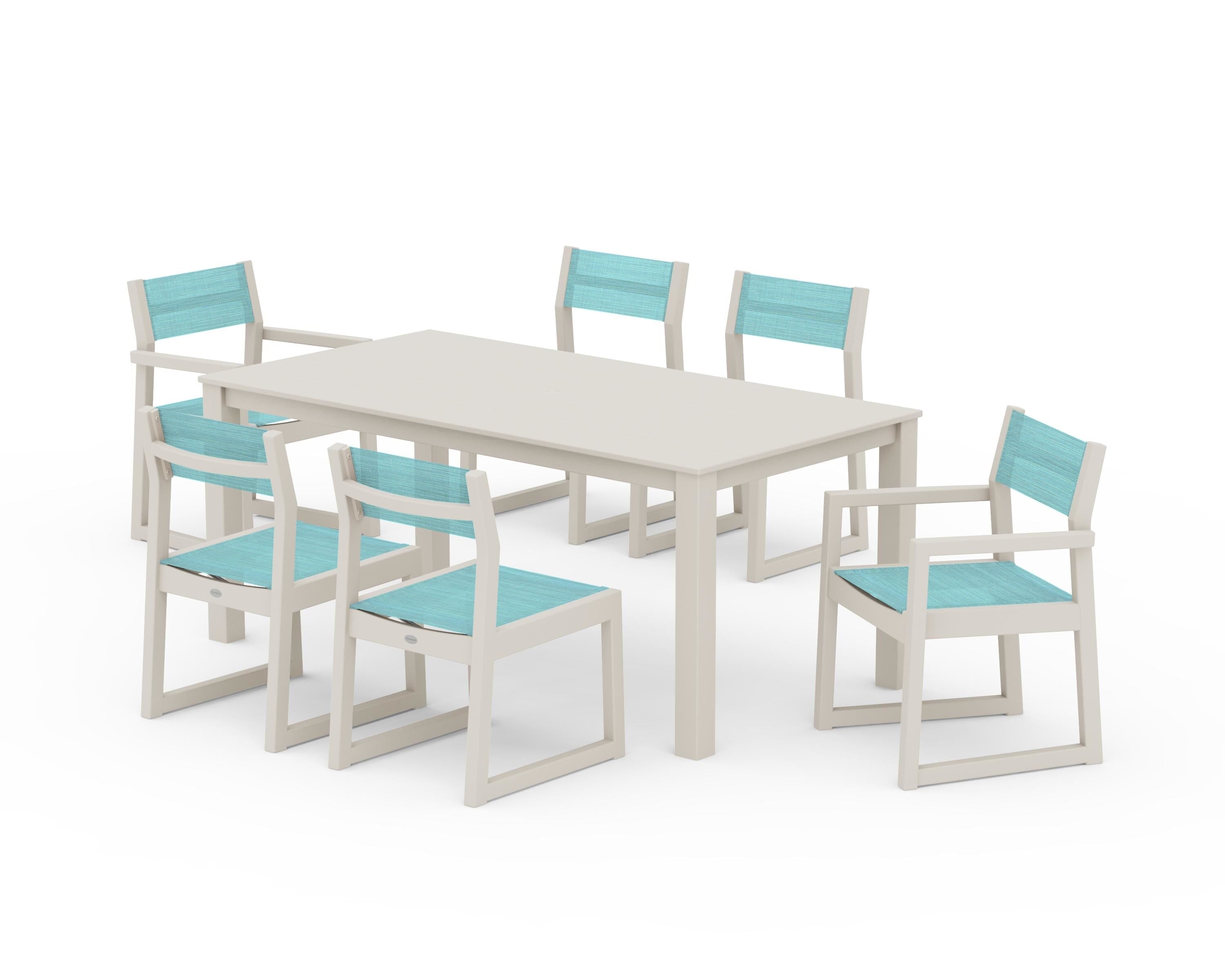 POLYWOOD EDGE Sling 7-Piece Parsons Dining Set in Sand / Dupioni Aquamarine Sling