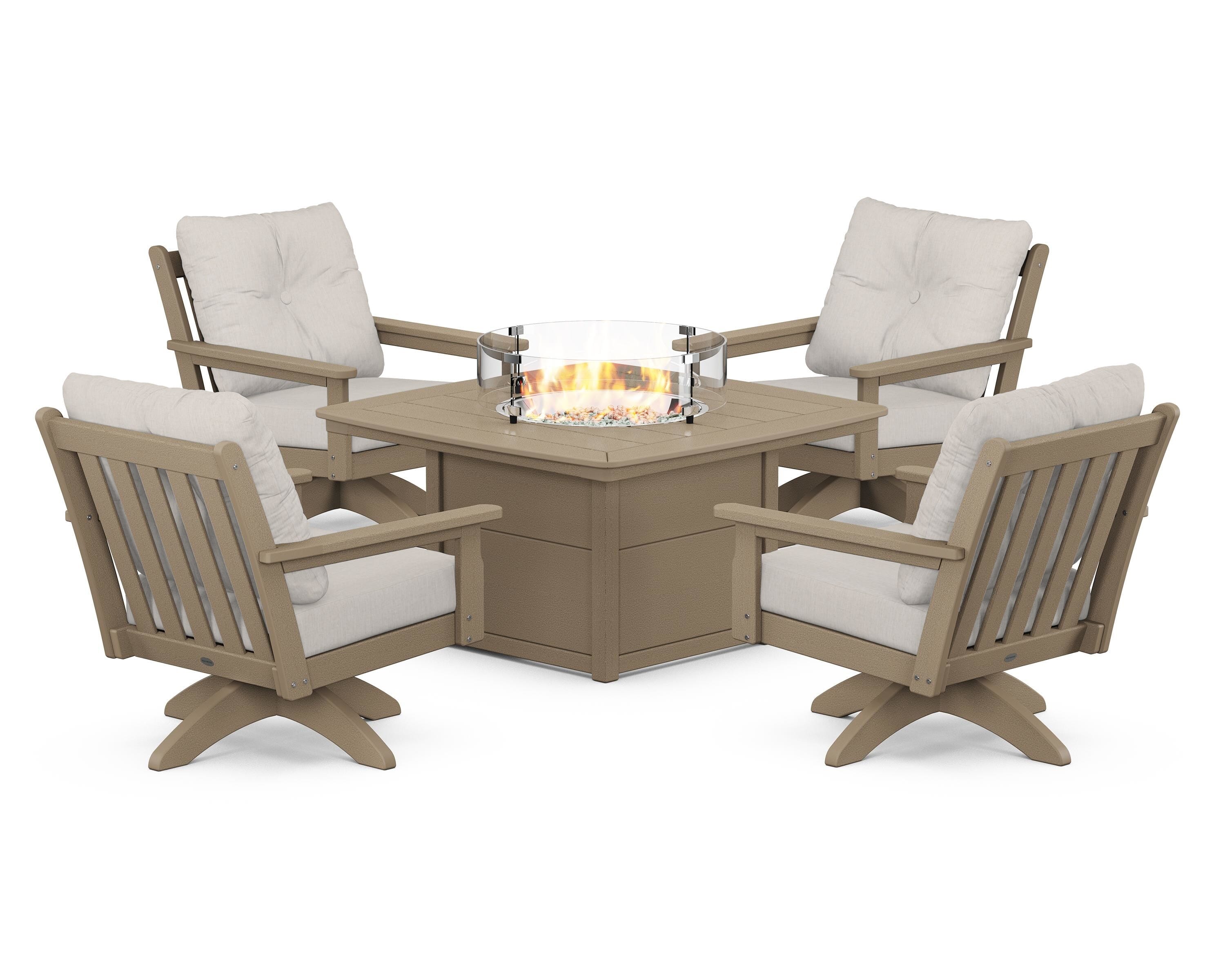 POLYWOOD Vineyard 5-Piece Deep Seating Swivel Conversation Set with Fire Pit Table in Vintage Sahara / Cast Ash