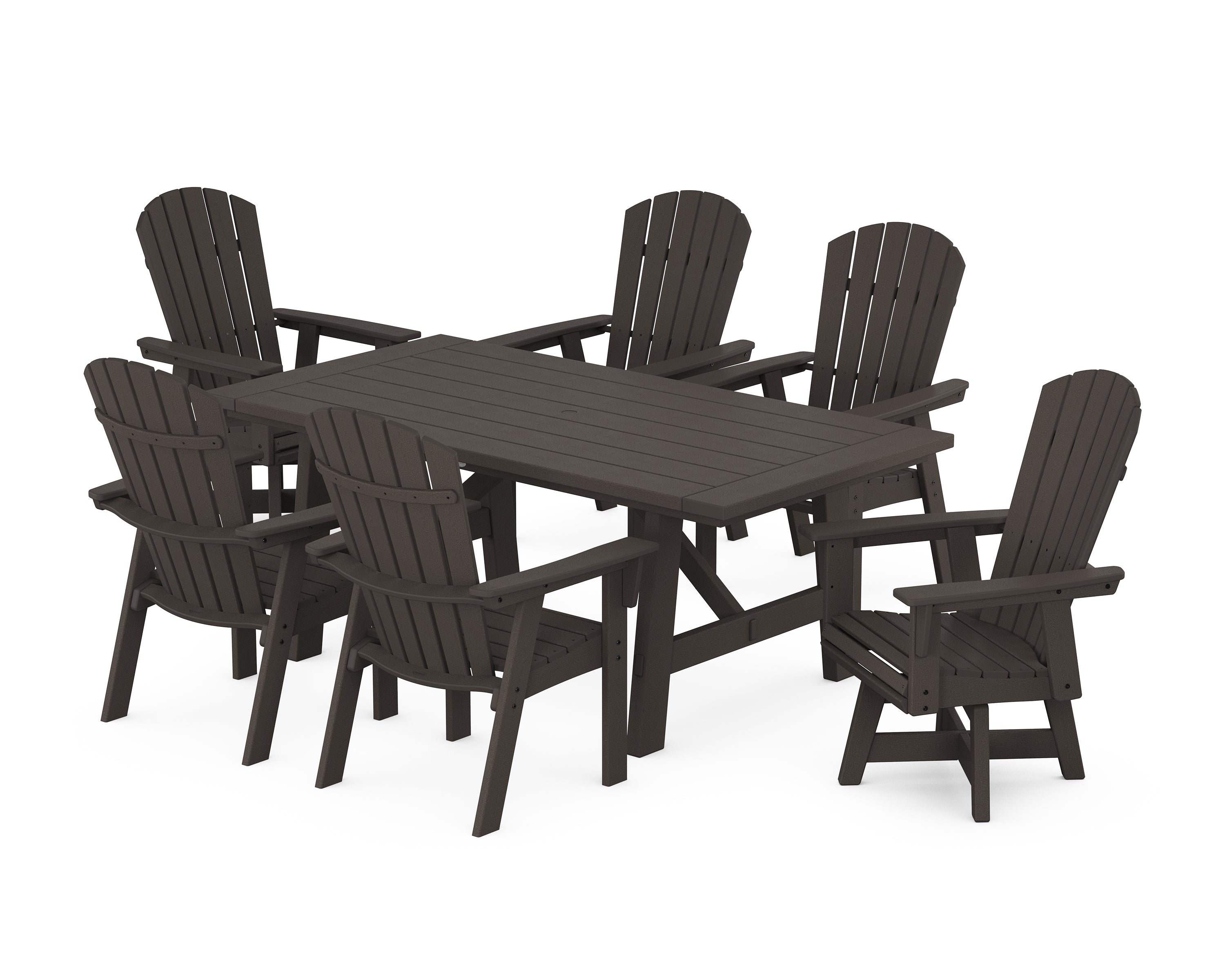 POLYWOOD® Nautical Curveback Adirondack Swivel Chair 7-Piece Rustic Farmhouse Dining Set in Vintage Coffee