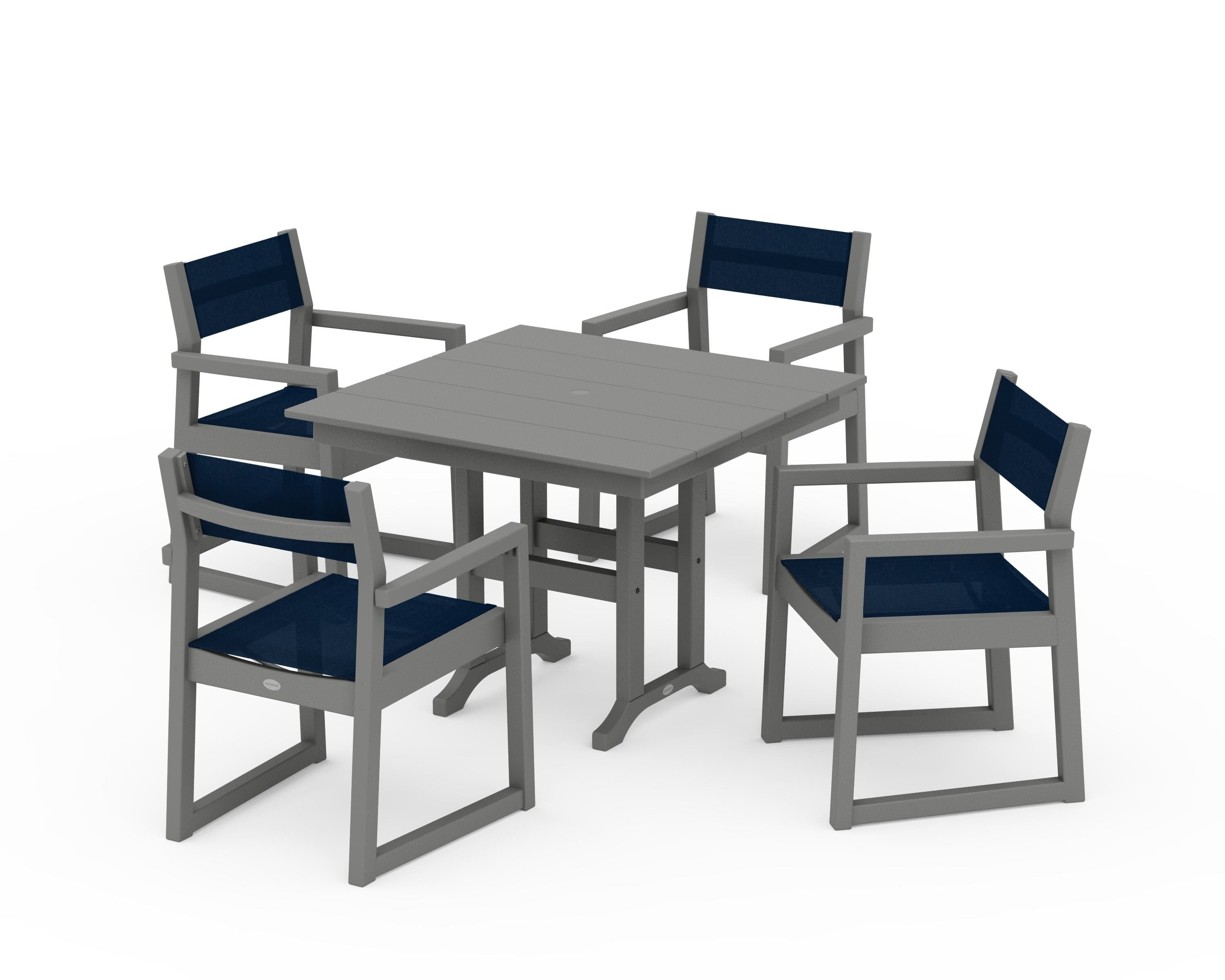 POLYWOOD EDGE Sling Arm Chair 5-Piece Farmhouse Dining Set in Slate Grey / Navy Blue Sling