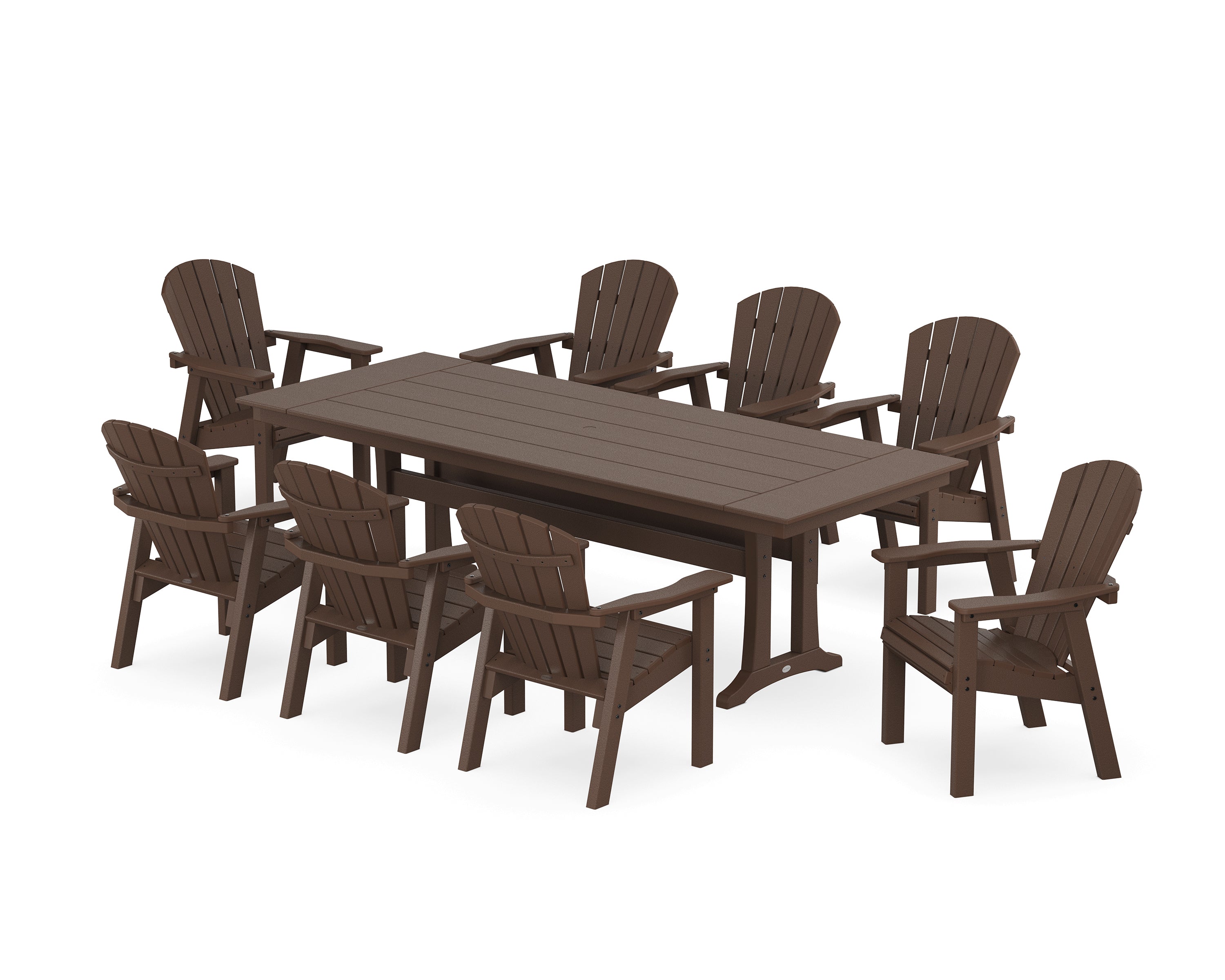 POLYWOOD® Seashell 9-Piece Farmhouse Dining Set with Trestle Legs in Mahogany