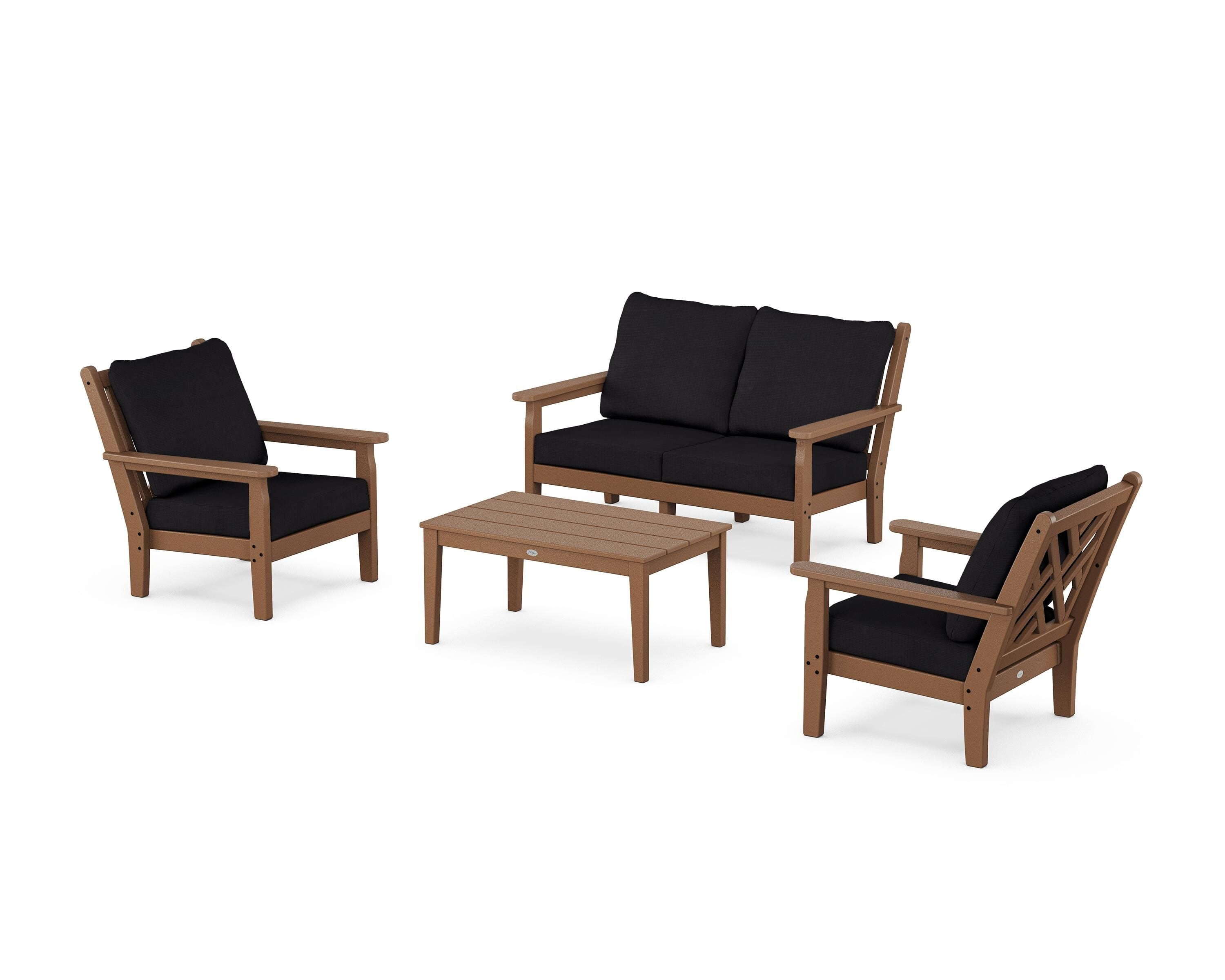 POLYWOOD Chippendale 4-Piece Deep Seating Set with Loveseat in Teak / Midnight Linen