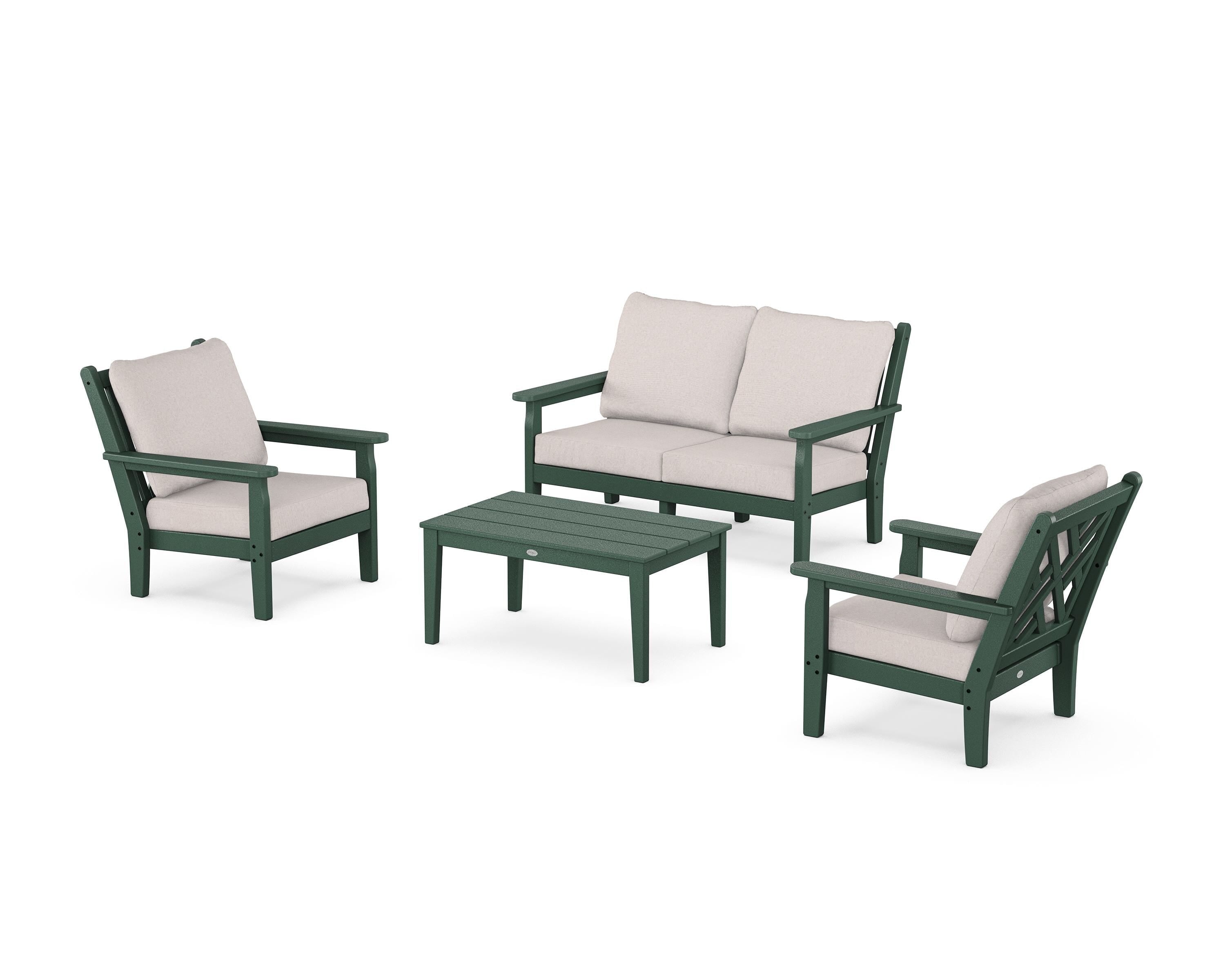 POLYWOOD Chippendale 4-Piece Deep Seating Set with Loveseat in Green / Dune Burlap