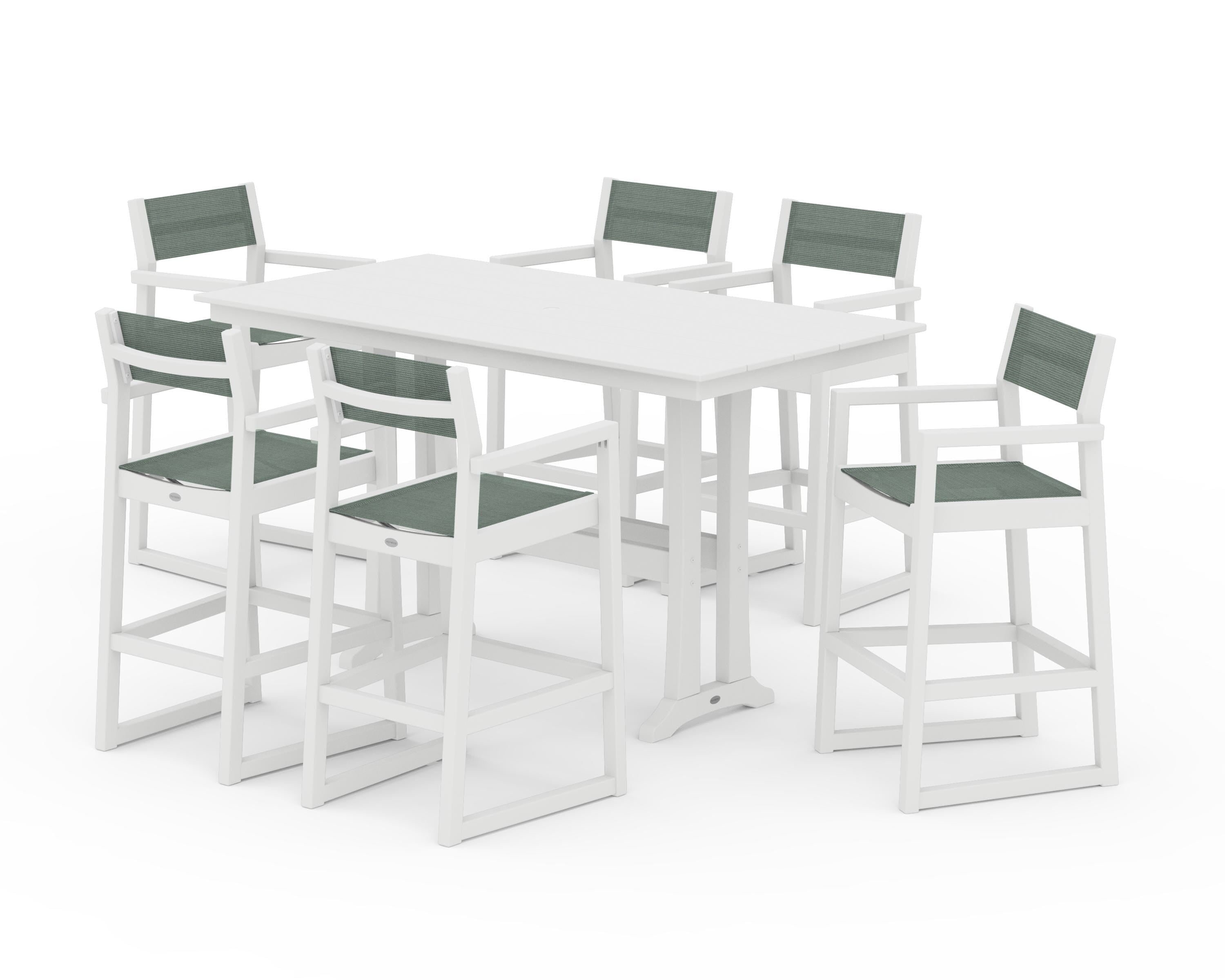 POLYWOOD EDGE Sling Arm Chair 7-Piece Farmhouse Bar Set with Trestle Legs in White / Dupioni Sea Mist Sling