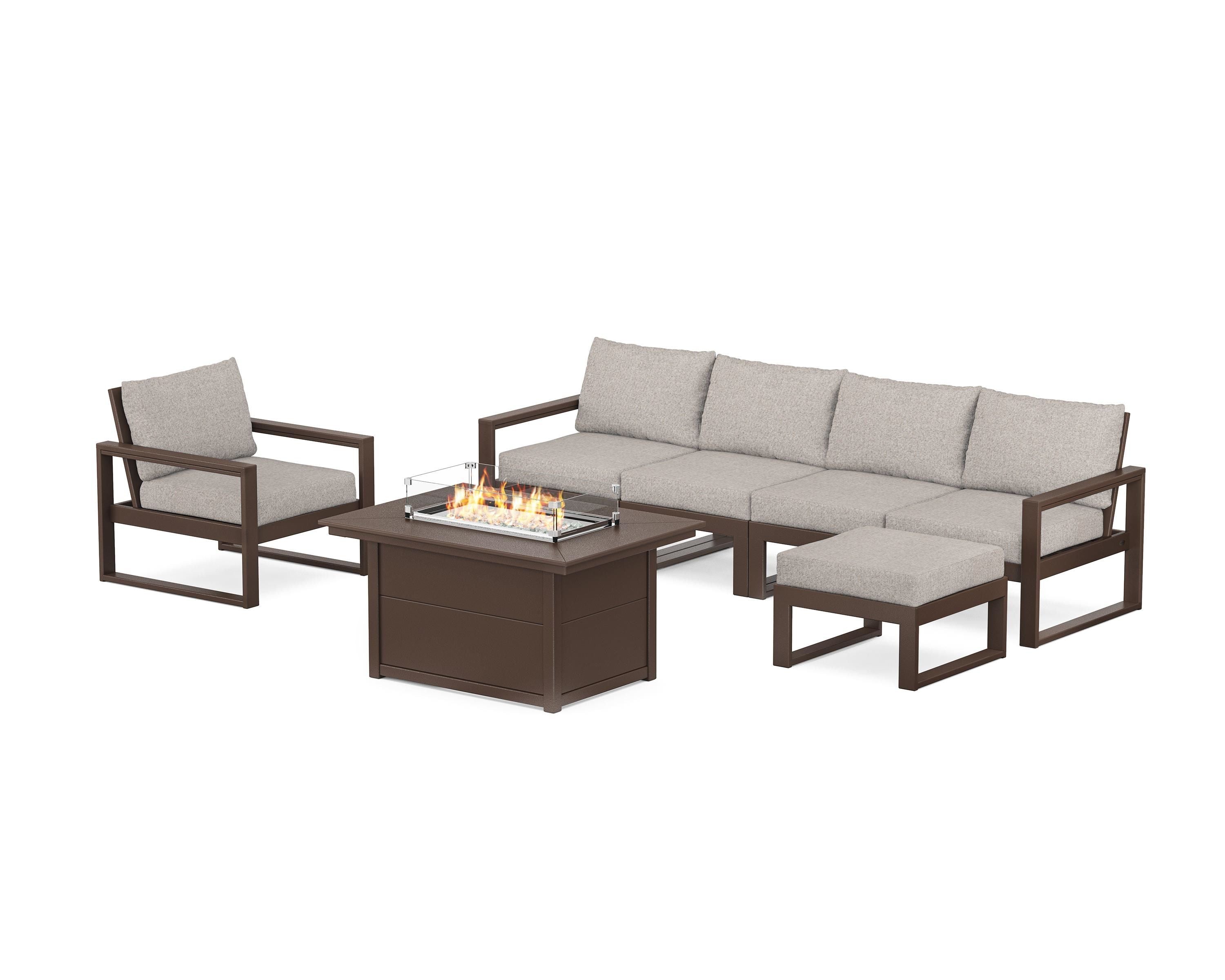 POLYWOOD EDGE Sectional Lounge and Fire Pit Set in Mahogany / Weathered Tweed