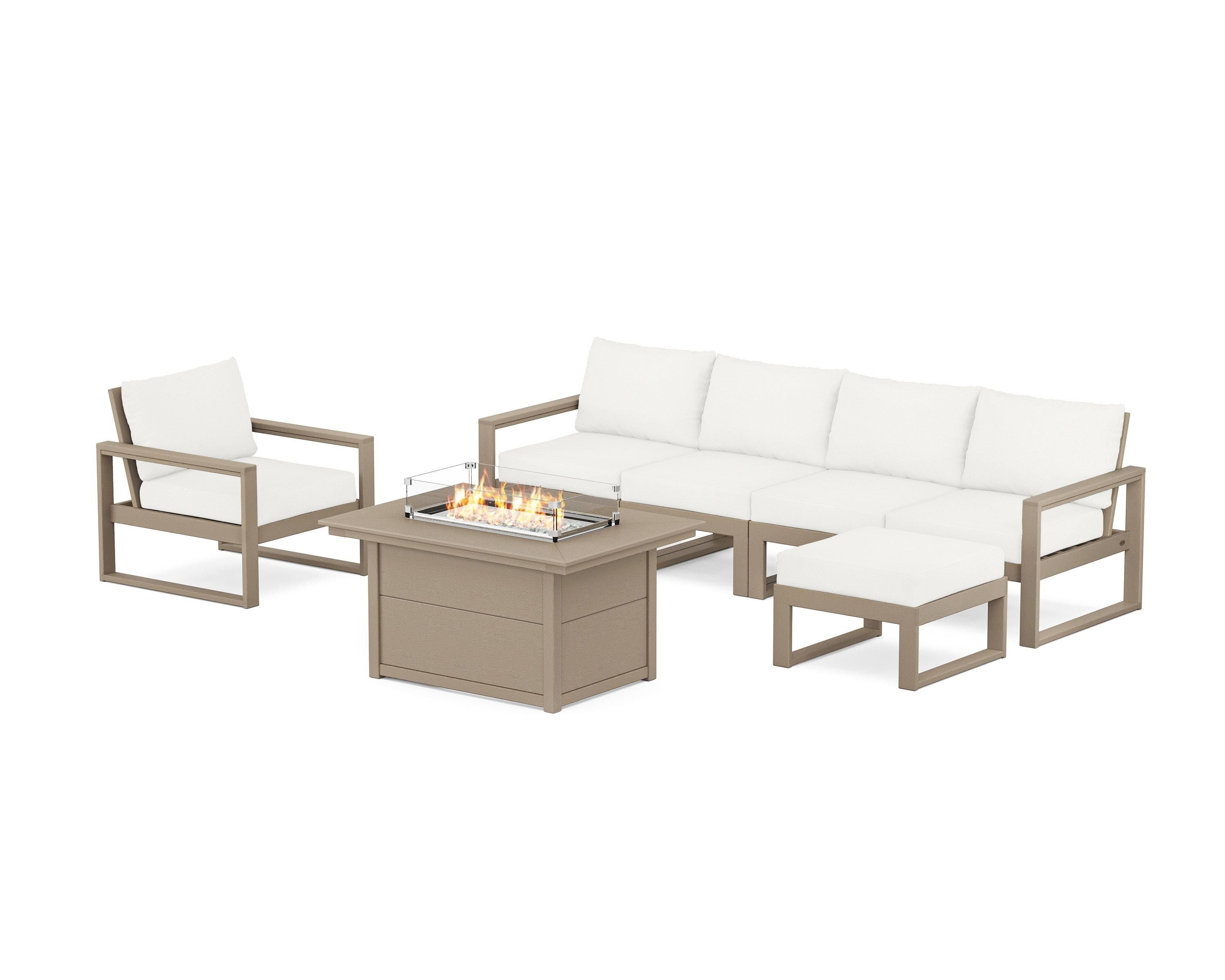 POLYWOOD EDGE Sectional Lounge and Fire Pit Set in Vintage Sahara / Natural Linen