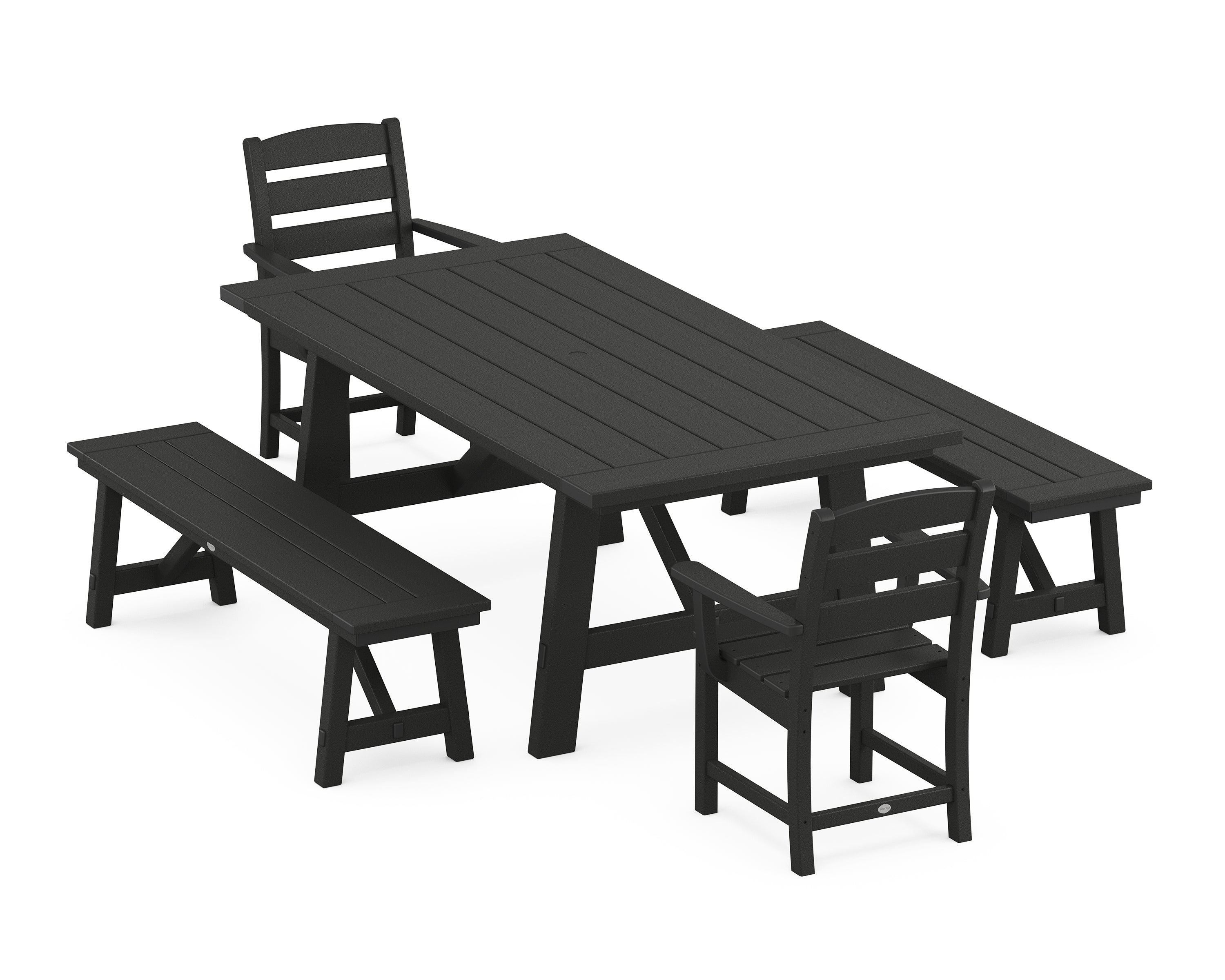 POLYWOOD® Lakeside 5-Piece Rustic Farmhouse Dining Set With Benches in Black