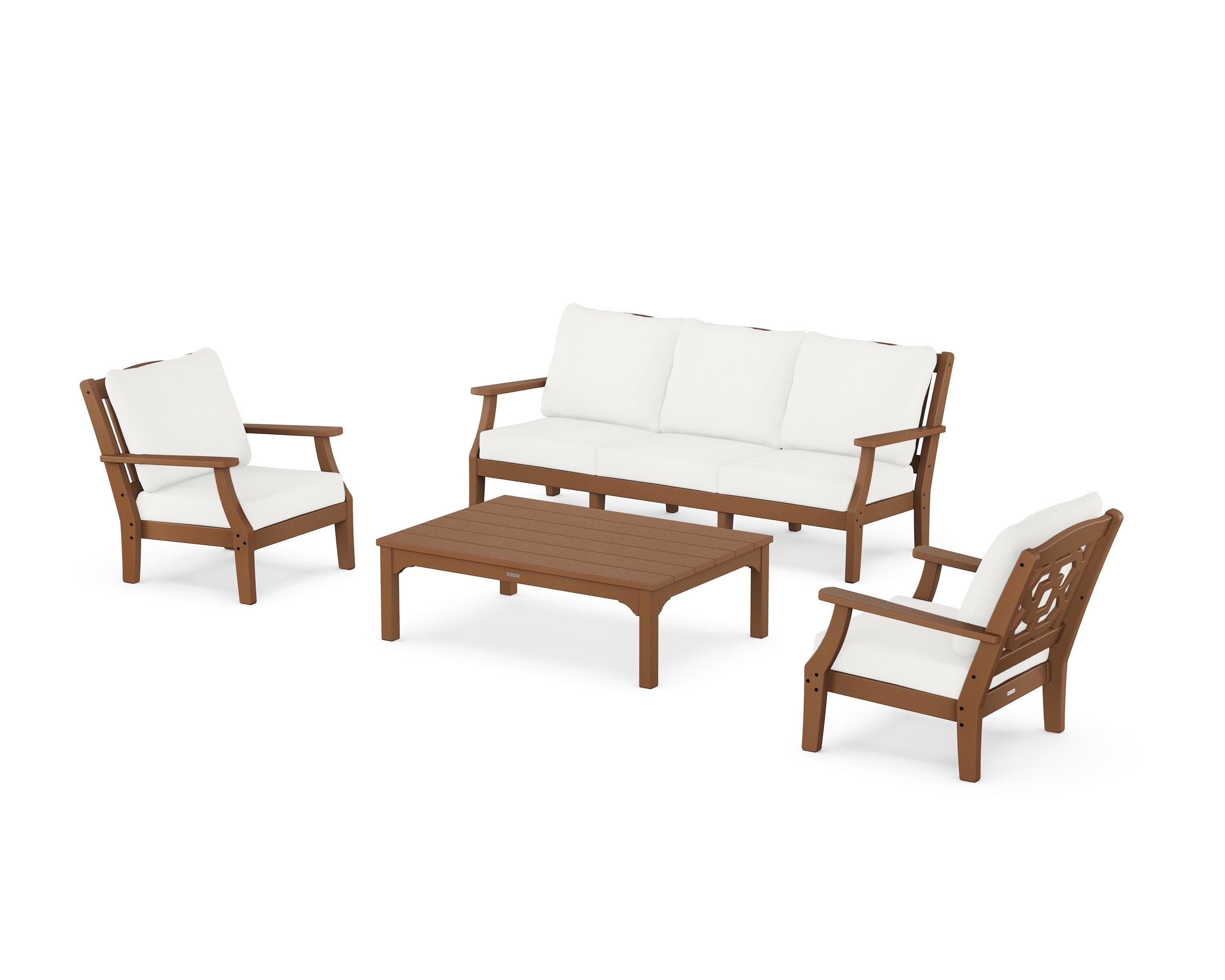 Martha Stewart by POLYWOOD Chinoiserie 4-Piece Deep Seating Set with Sofa in Teak / Natural Linen