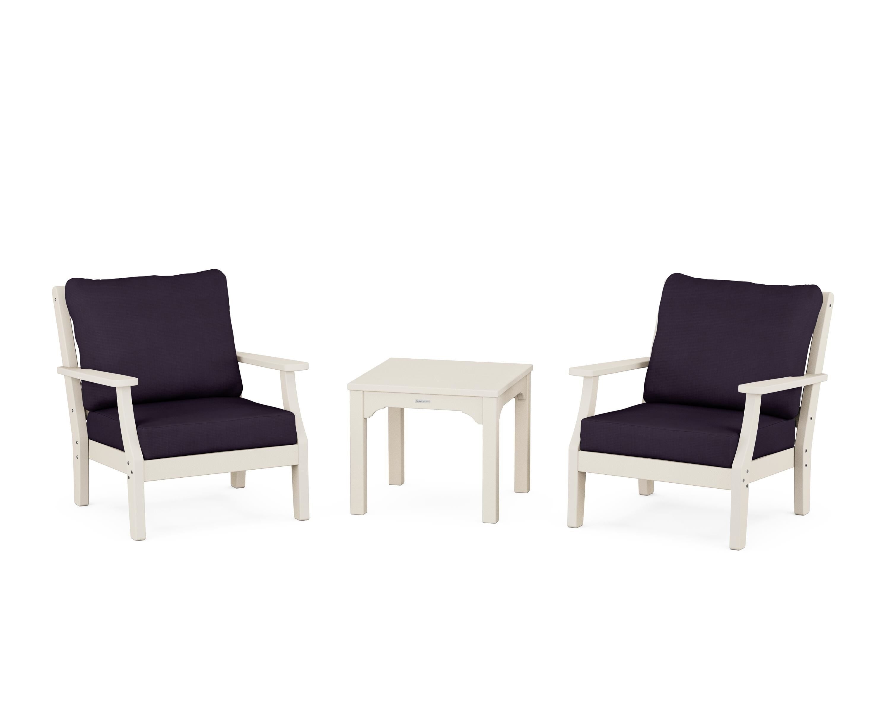 Martha Stewart by POLYWOOD Chinoiserie 3-Piece Deep Seating Set in Sand / Navy Linen