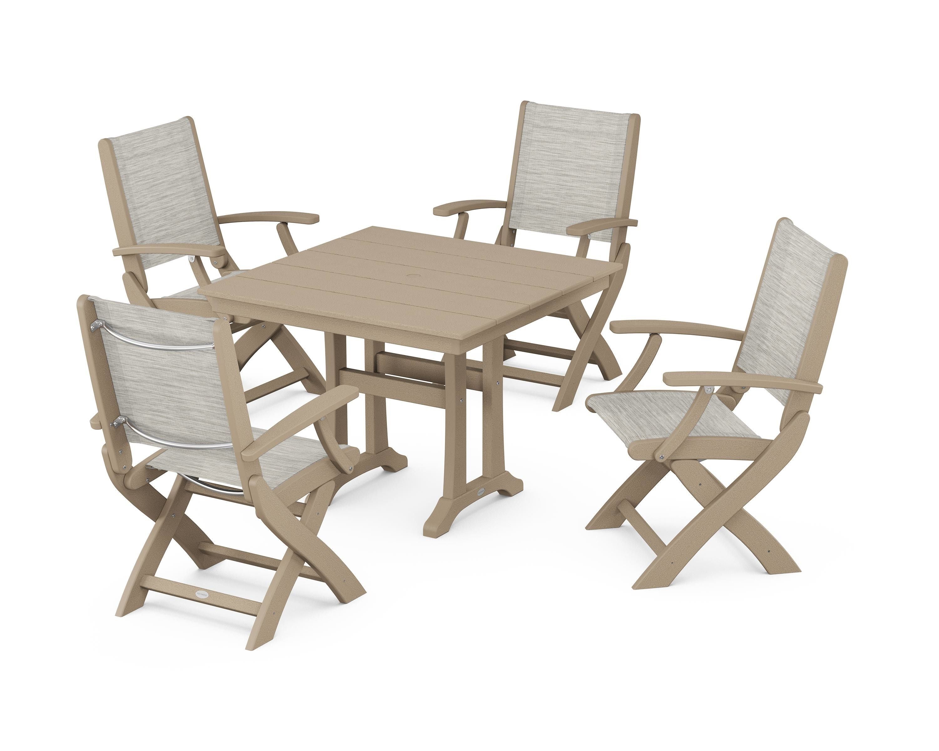 POLYWOOD Coastal Folding Chair 5-Piece Farmhouse Dining Set With Trestle Legs in Vintage Sahara / Birch Sling