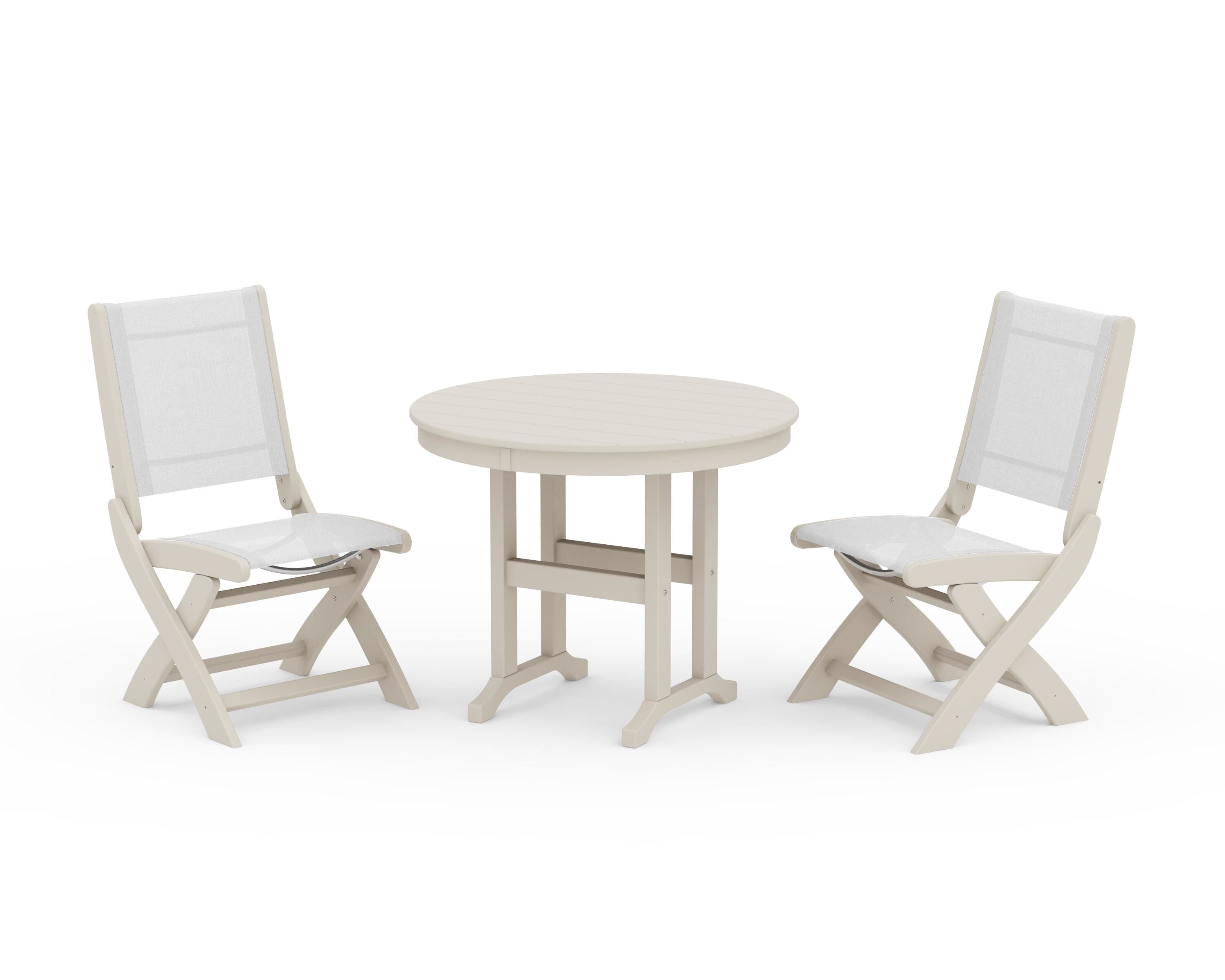 POLYWOOD Coastal Folding Side Chair 3-Piece Round Dining Set in Sand / White Sling