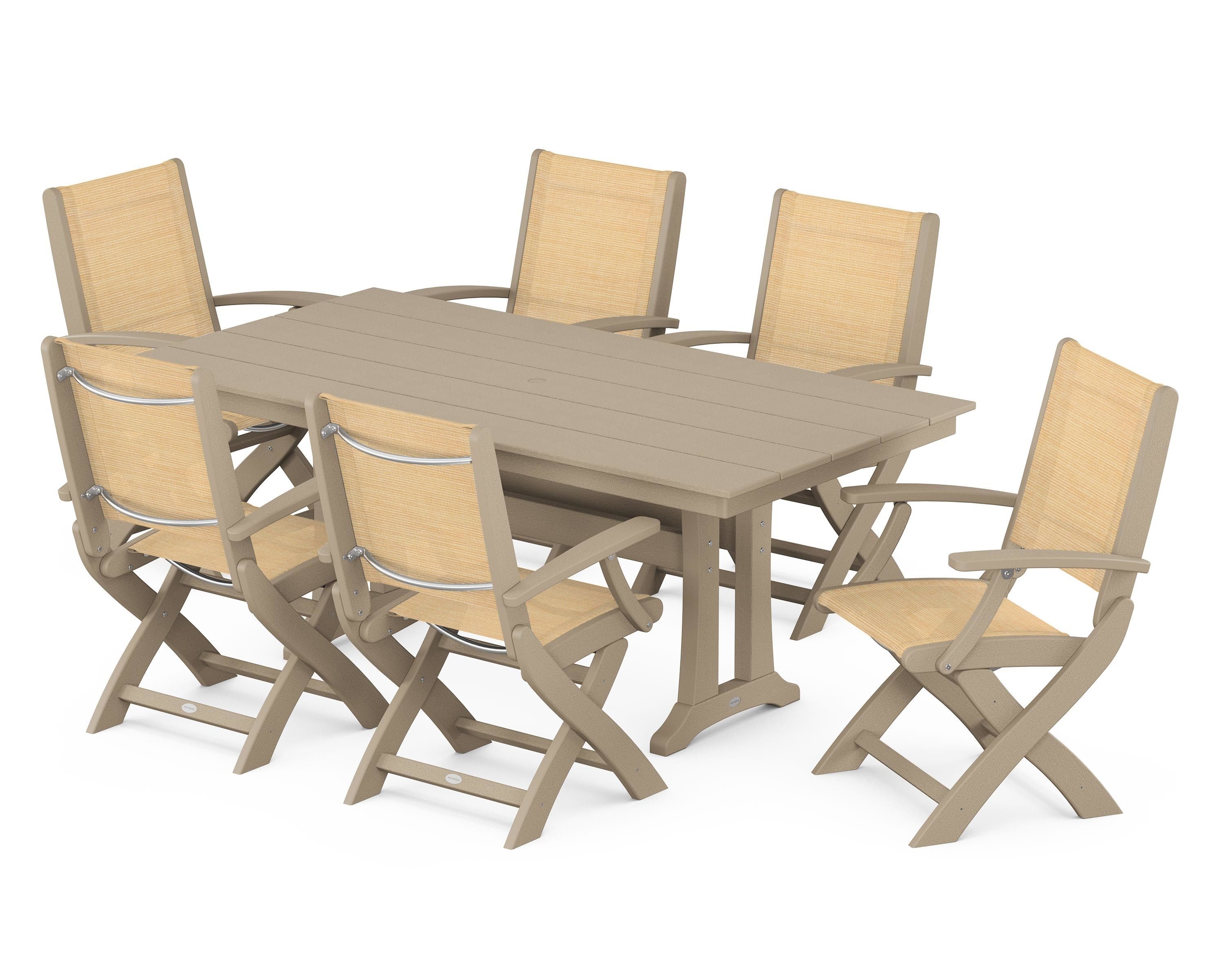 POLYWOOD Coastal Folding Arm Chair 7-Piece Farmhouse Dining Set with Trestle Legs in Vintage Sahara / Dupioni Apricot Sling