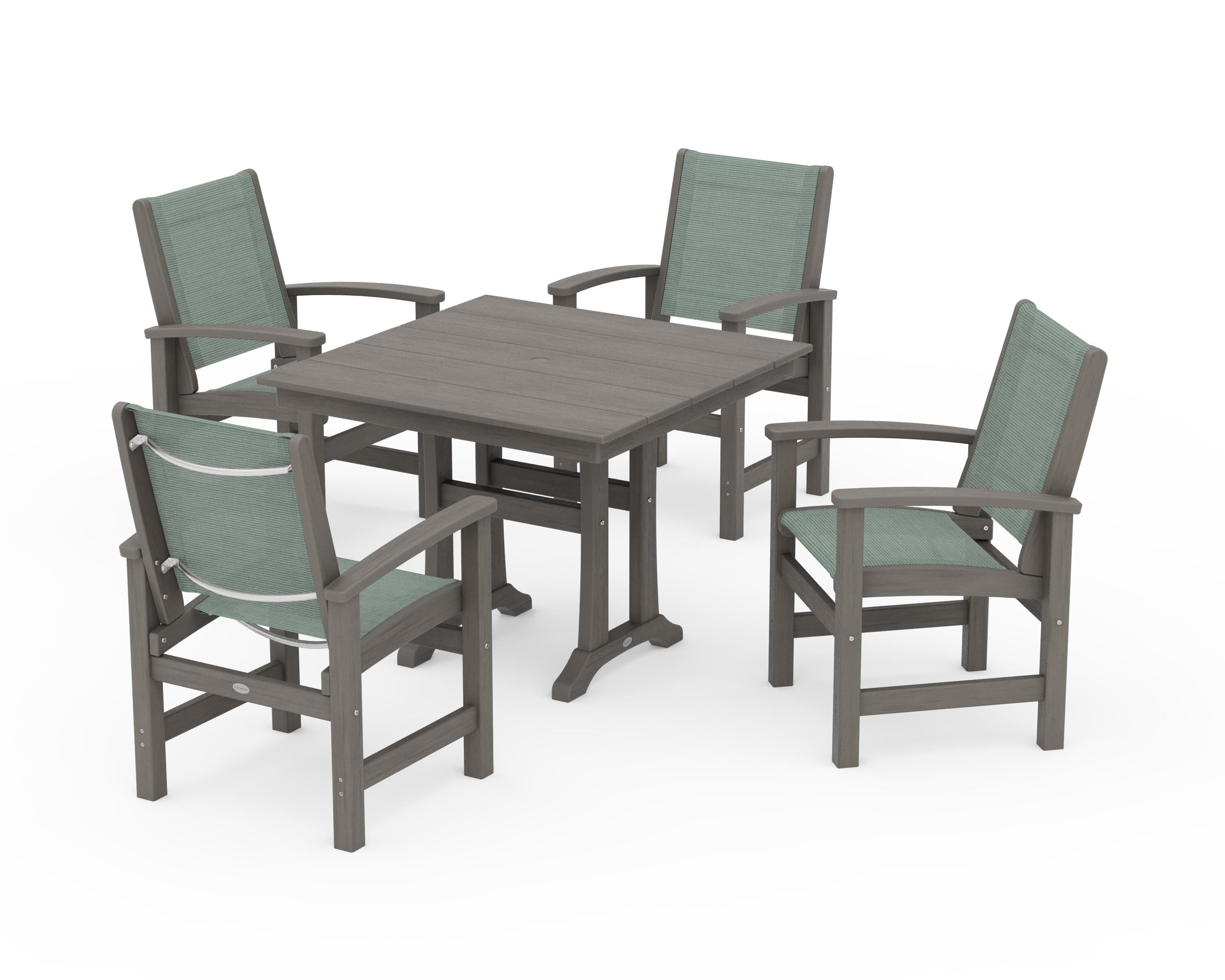 POLYWOOD Coastal 5-Piece Farmhouse Dining Set With Trestle Legs in Driftwood / Dupioni Sea Mist Sling