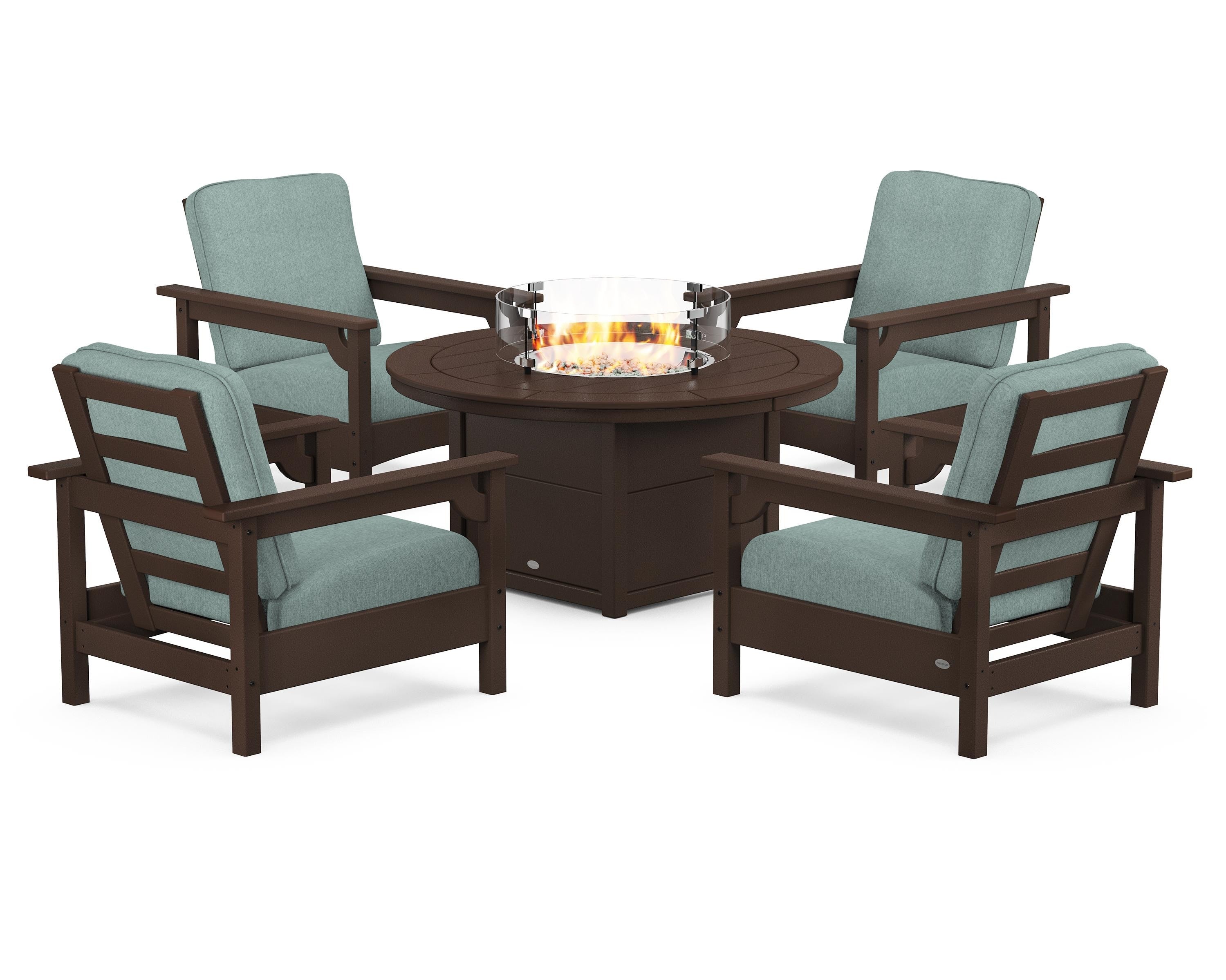 POLYWOOD Club 5-Piece Conversation Set with Fire Pit Table in Mahogany / Glacier Spa