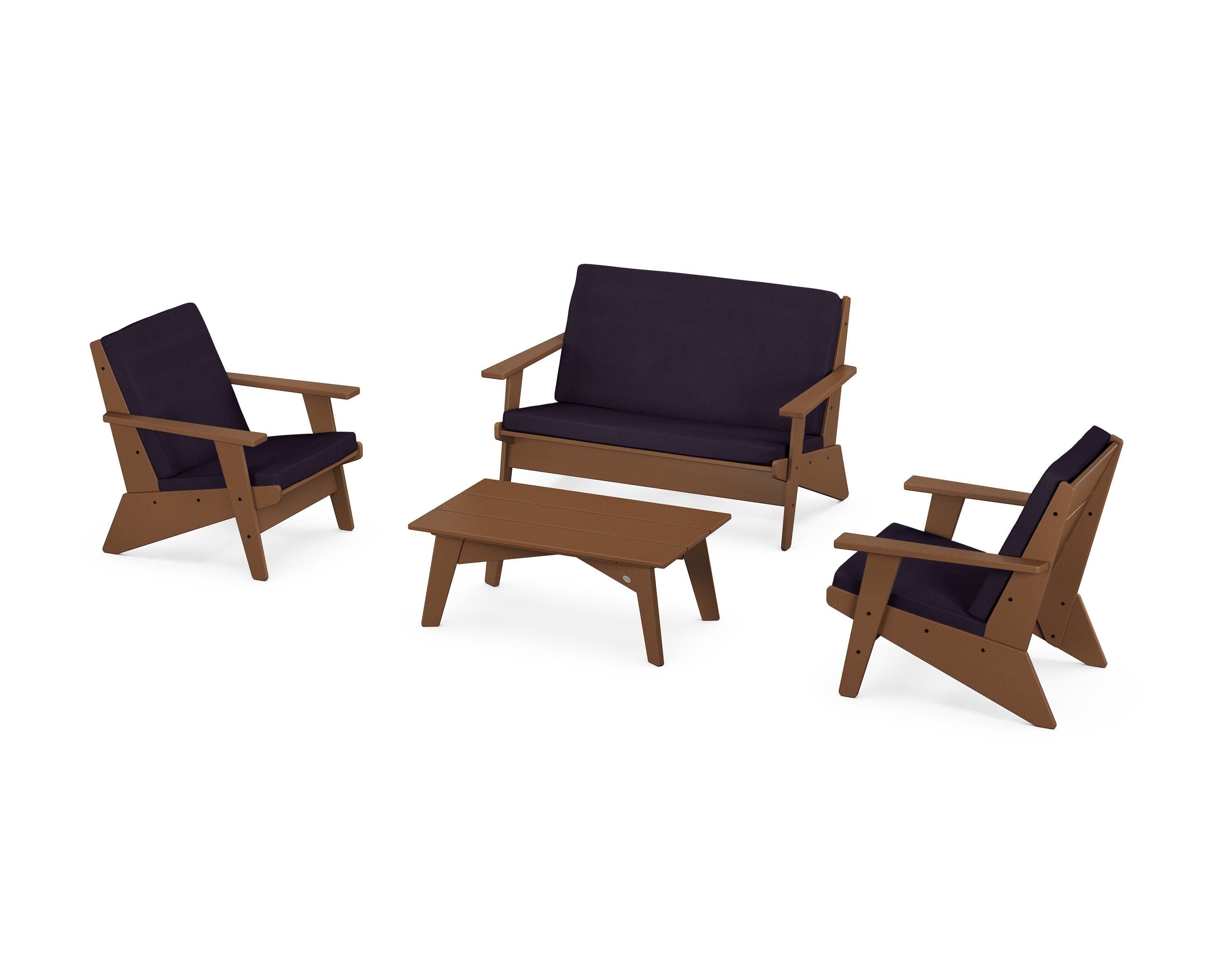 POLYWOOD Riviera Modern Lounge 4-Piece Set in Teak / Navy Linen