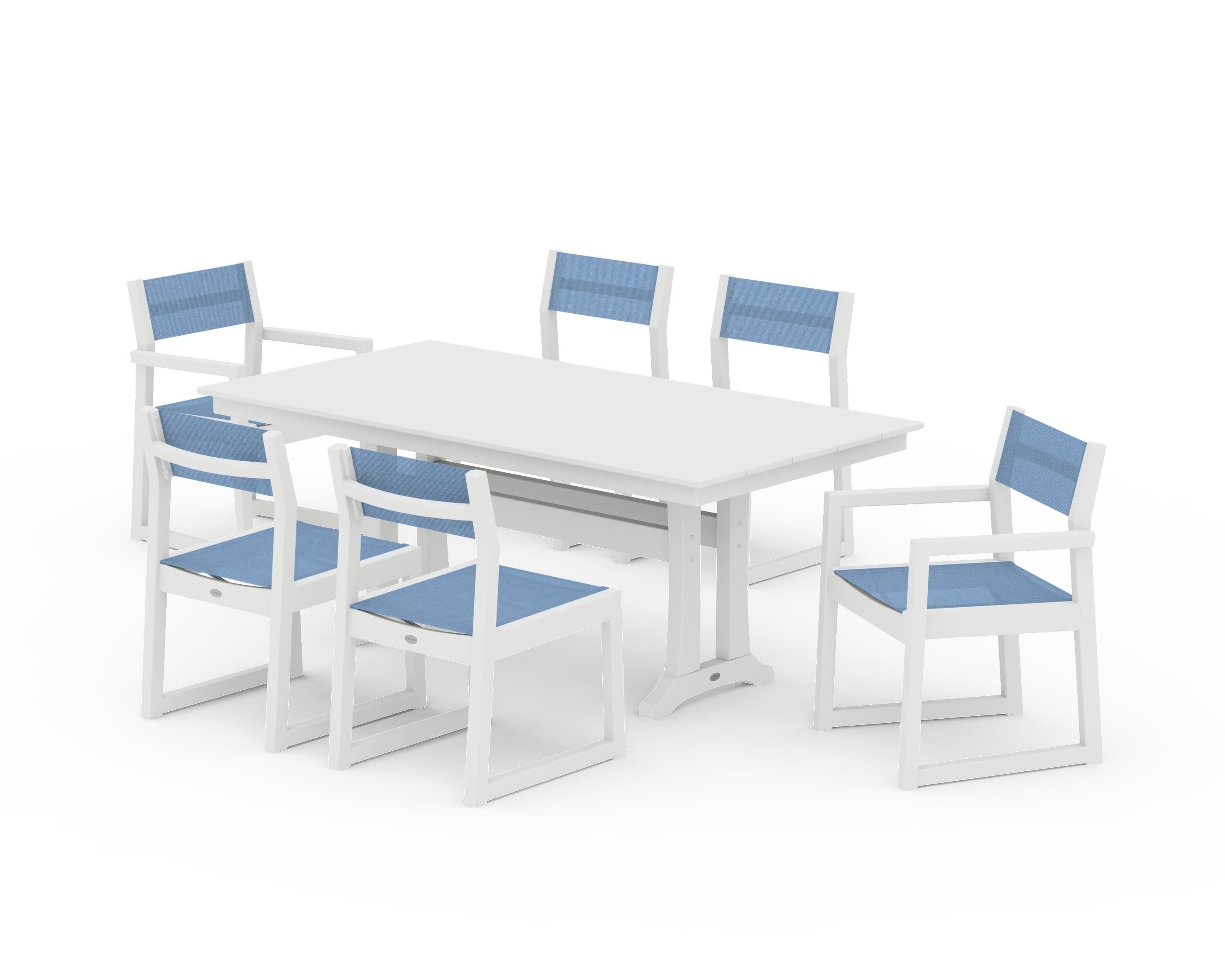 POLYWOOD EDGE Sling 7-Piece Farmhouse Trestle Dining Set in White / Poolside Sling