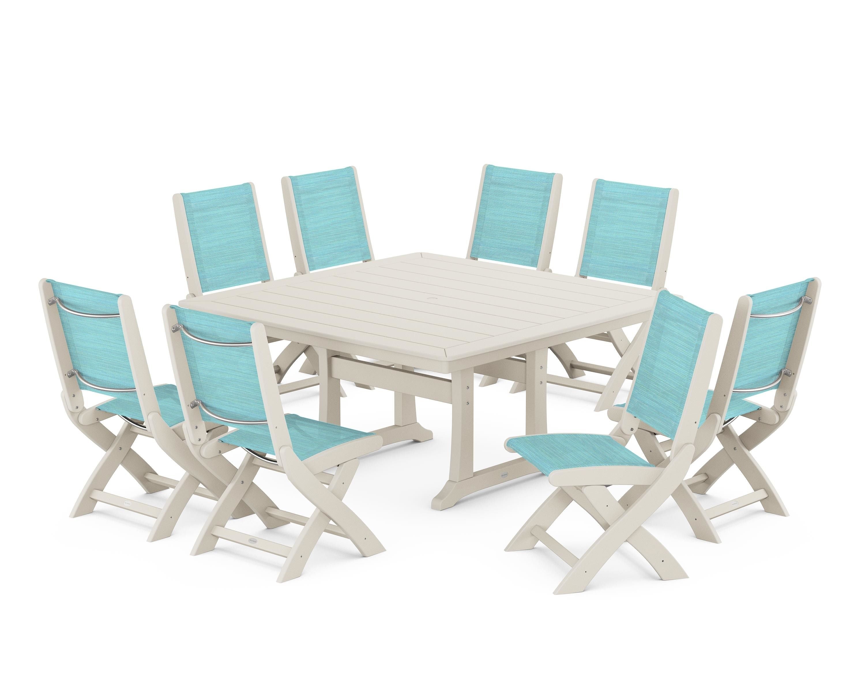 POLYWOOD Coastal Folding Side Chair 9-Piece Dining Set with Trestle Legs in Sand / Dupioni Aquamarine Sling