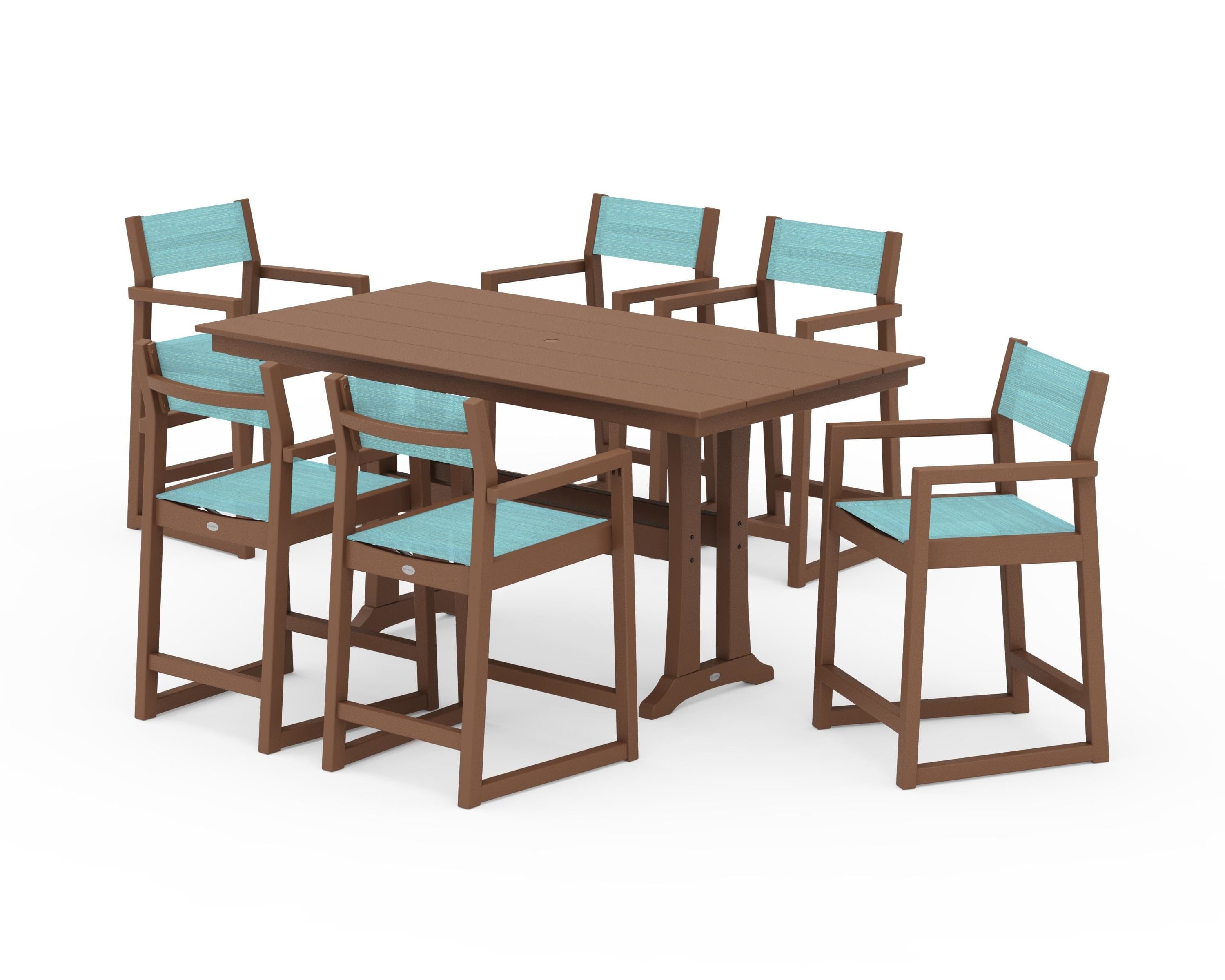 POLYWOOD EDGE Sling Arm Chair 7-Piece Farmhouse Counter Set with Trestle Legs in Teak / Dupioni Aquamarine Sling