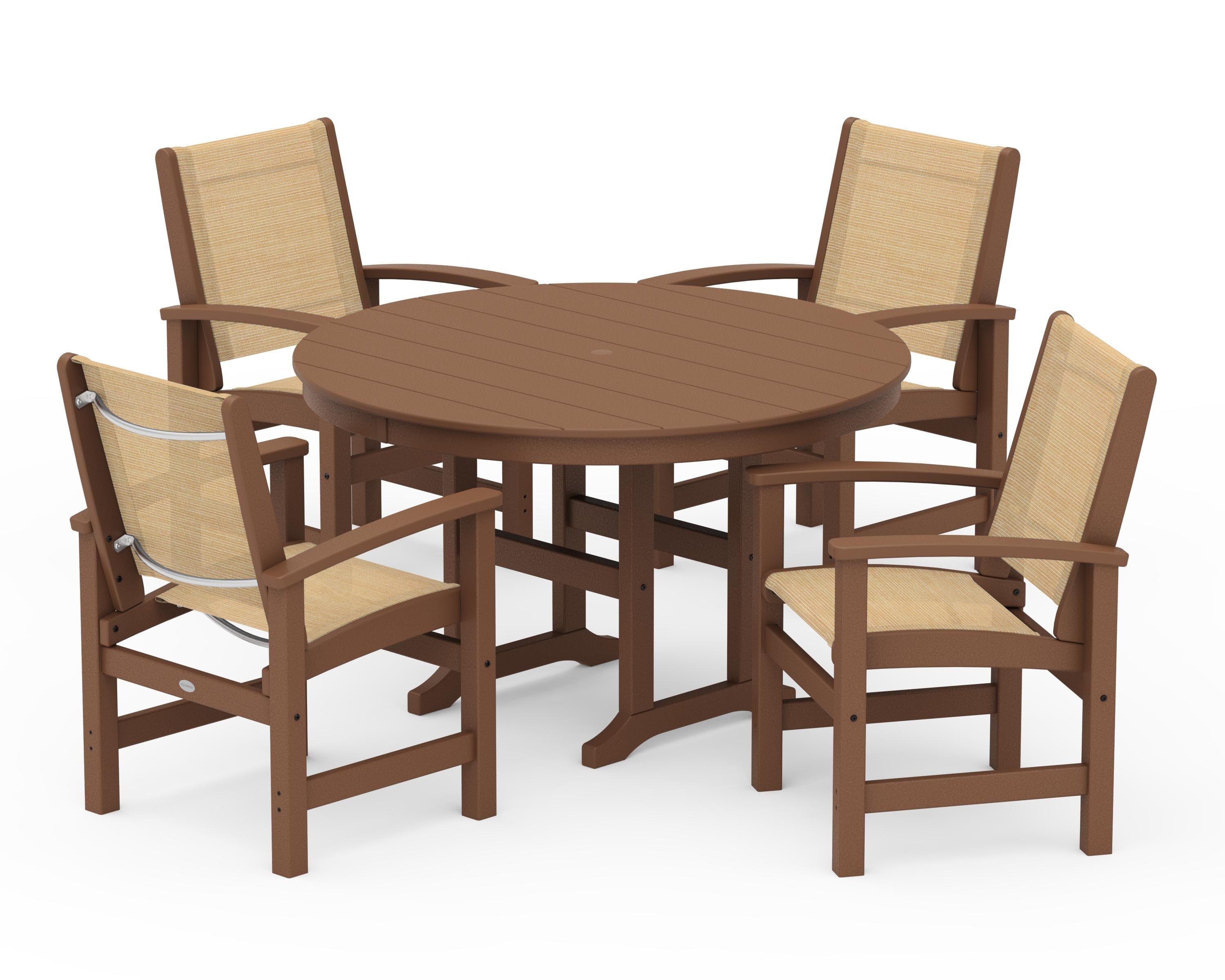 POLYWOOD Coastal 5-Piece Round Farmhouse Dining Set in Teak / Dupioni Apricot Sling