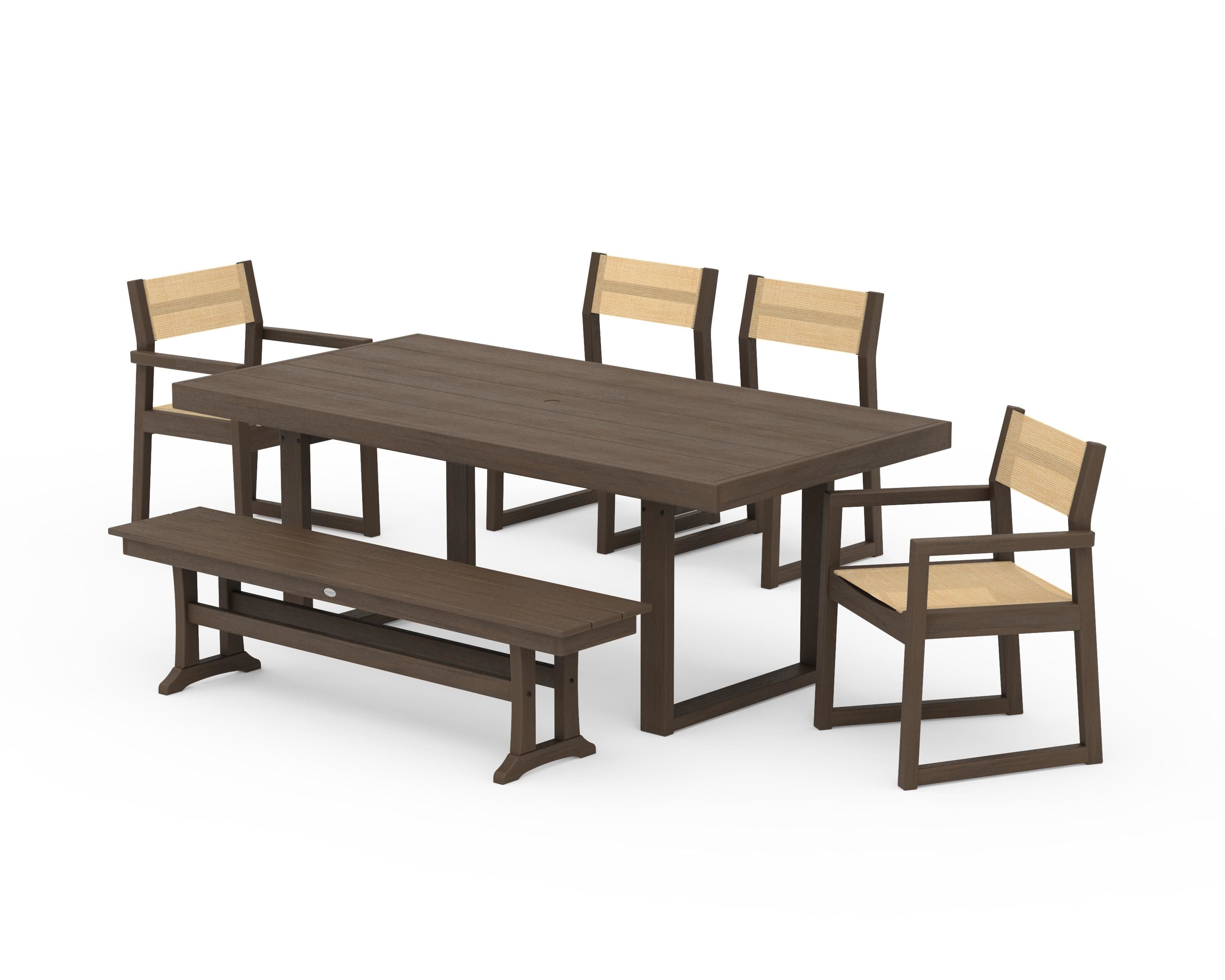 POLYWOOD EDGE Sling 6-Piece Dining Set with Bench in Kona / Dupioni Apricot Sling