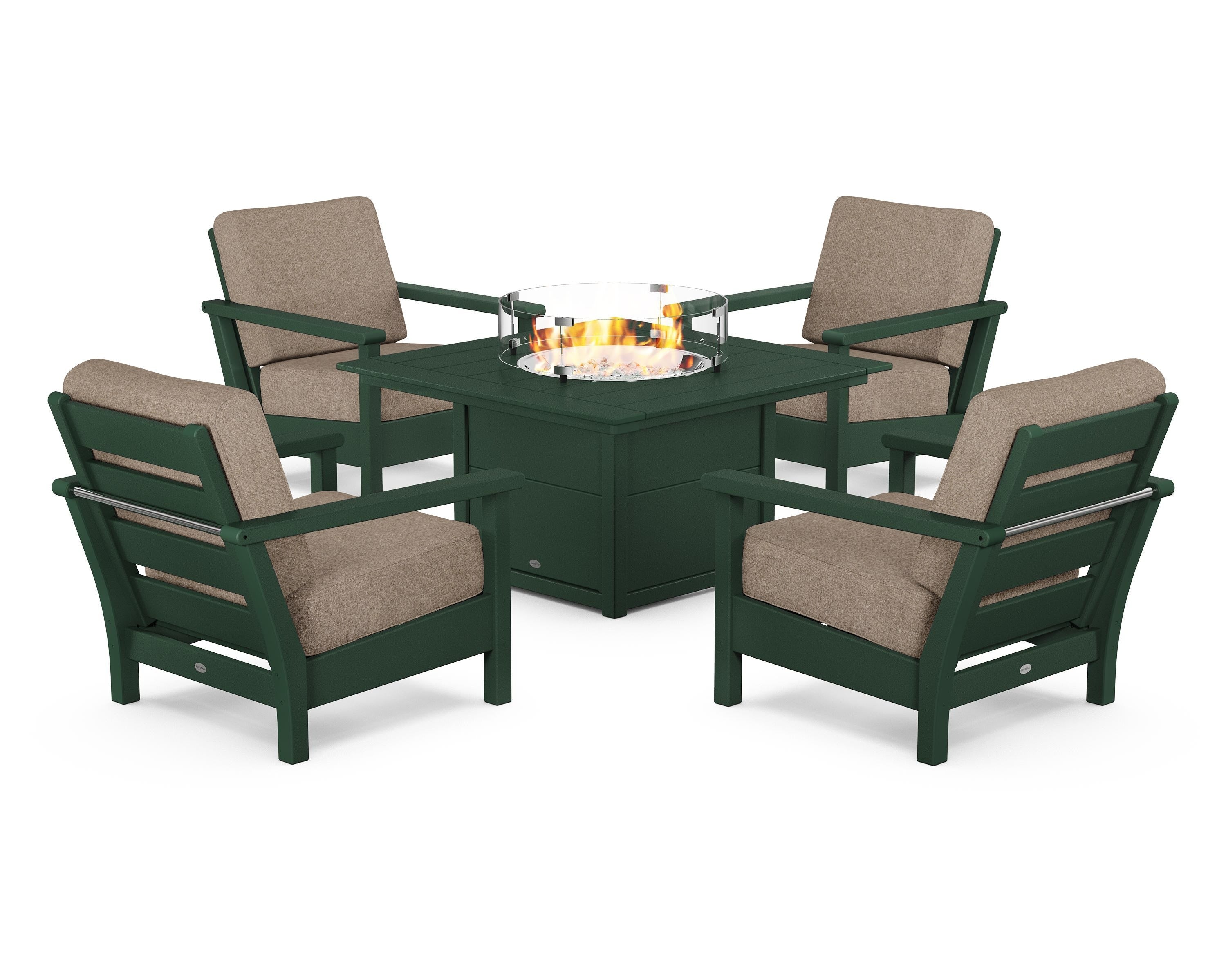 POLYWOOD Harbour 5-Piece Conversation Set with Fire Pit Table in Green / Spiced Burlap