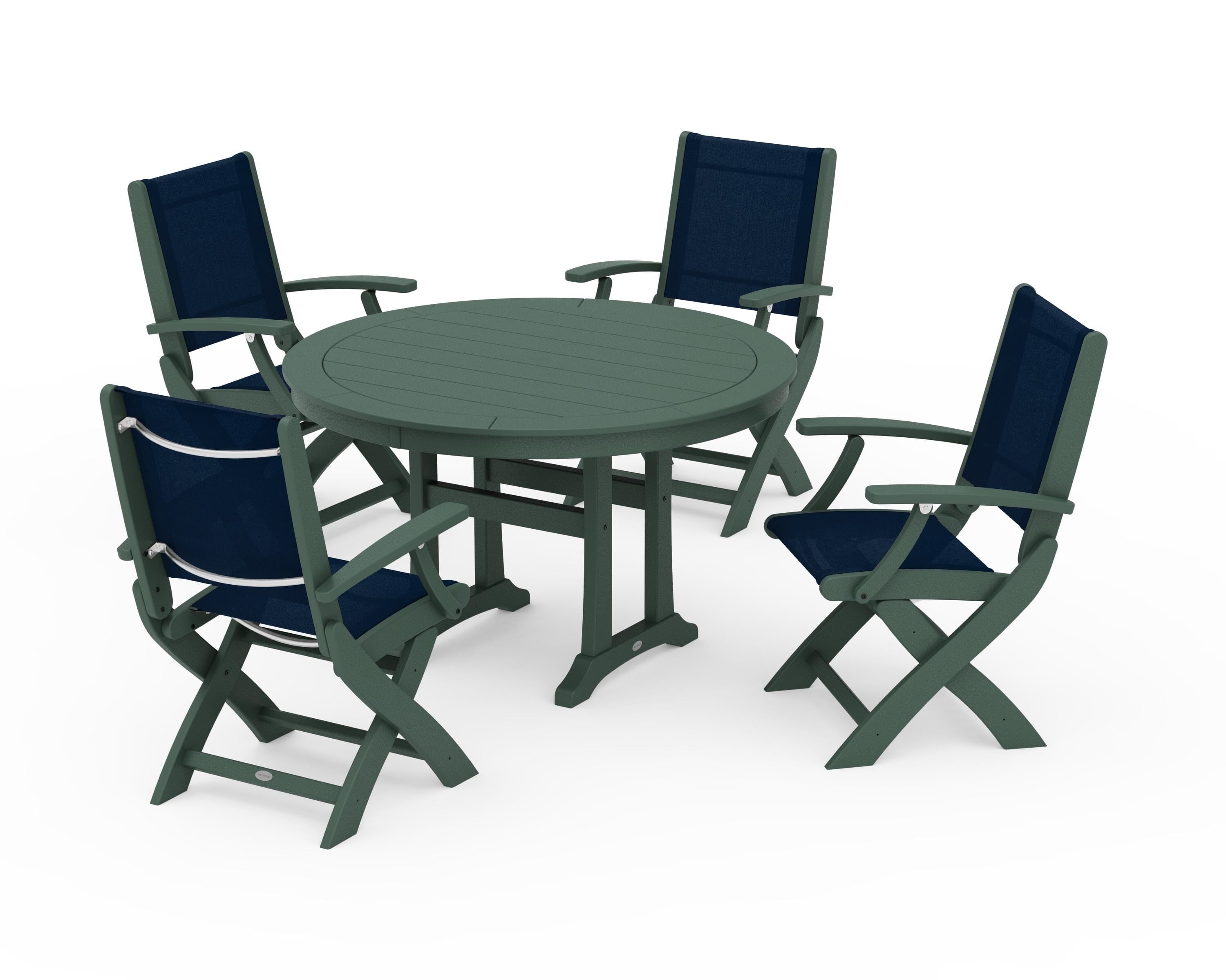 POLYWOOD Coastal Folding Chair 5-Piece Round Dining Set with Trestle Legs in Green / Navy Blue Sling