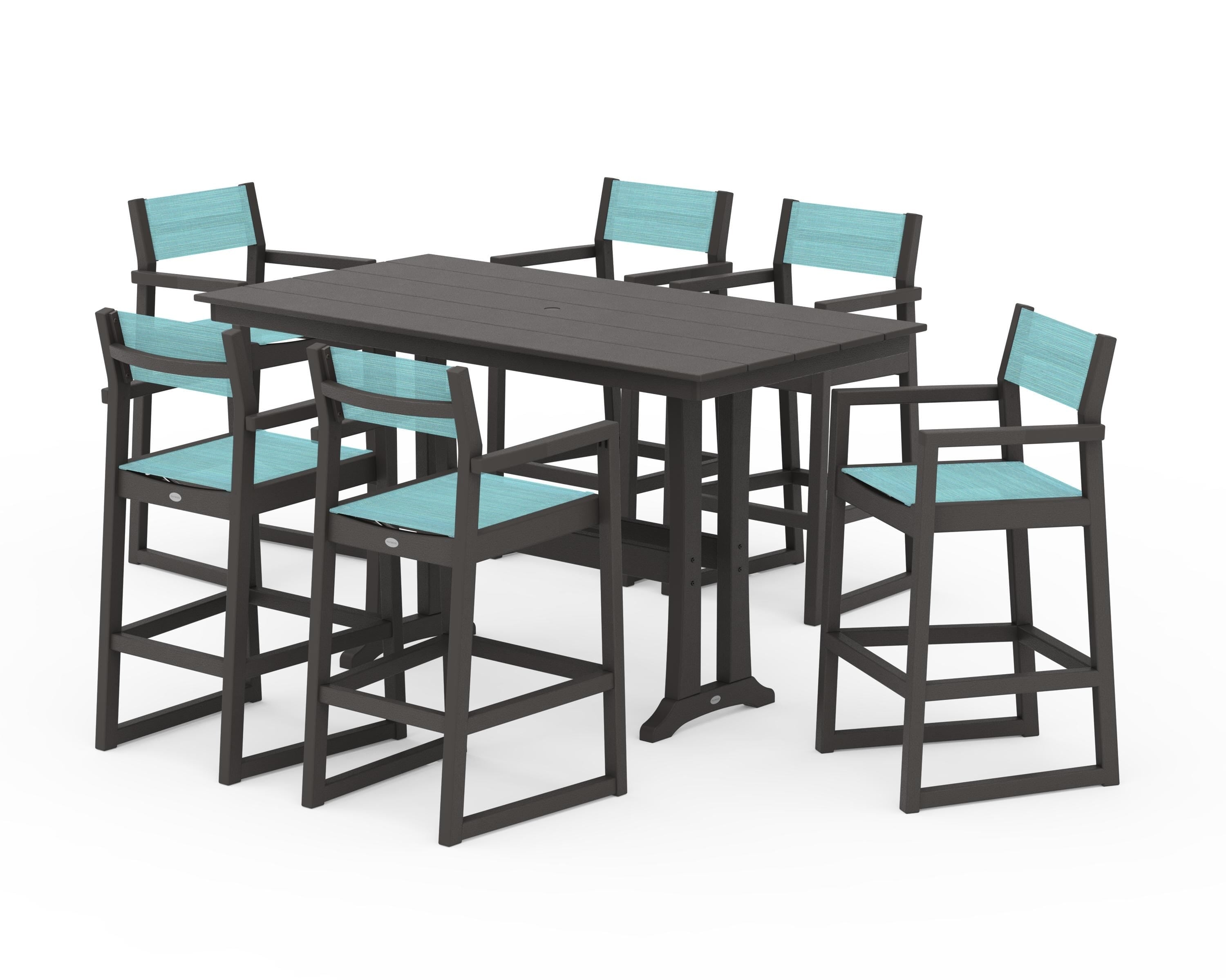 POLYWOOD EDGE Sling Arm Chair 7-Piece Farmhouse Bar Set with Trestle Legs in Vintage Coffee / Dupioni Aquamarine Sling