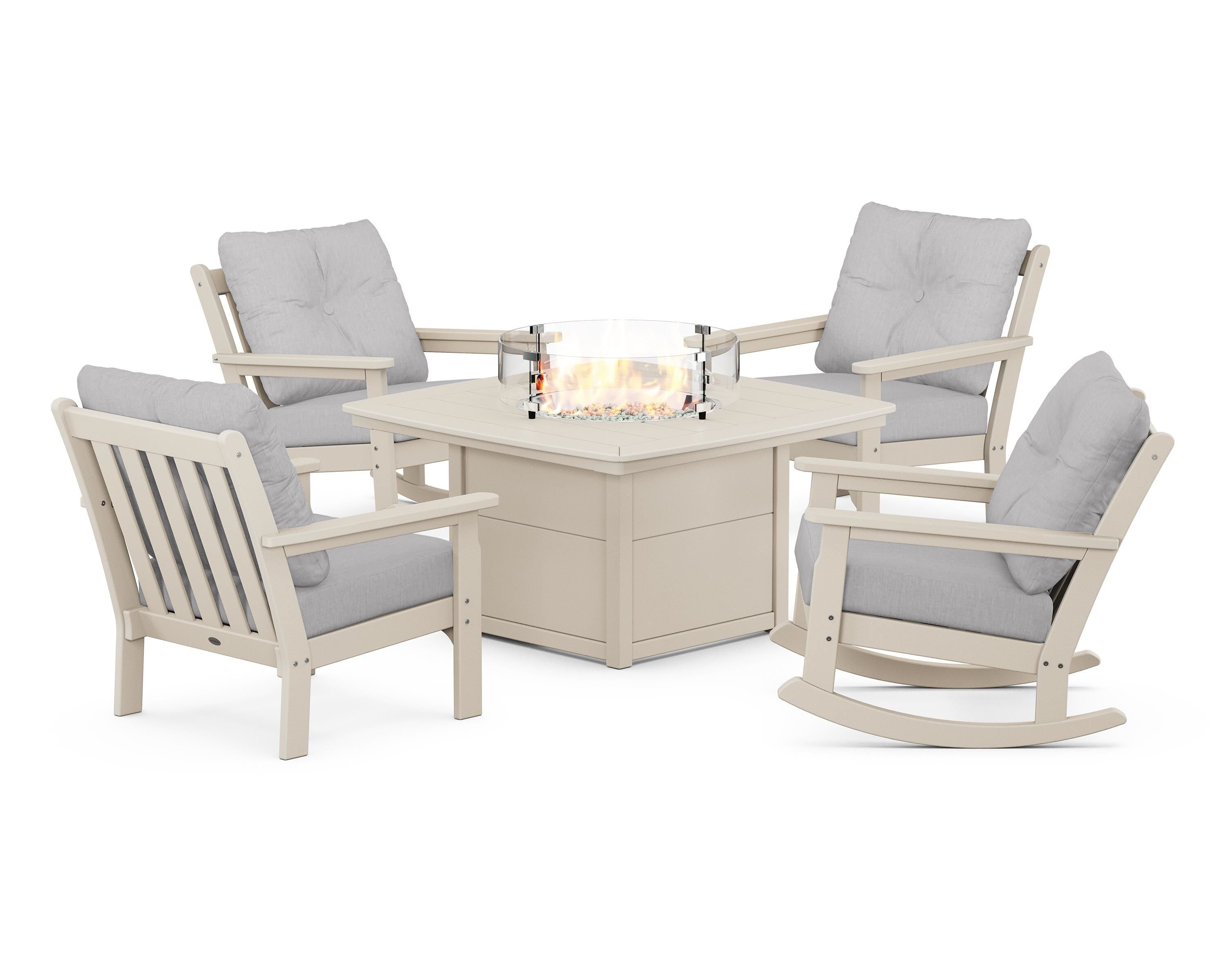 POLYWOOD Vineyard 5-Piece Deep Seating Rocking Chair Conversation Set with Fire Pit Table in Sand / Granite
