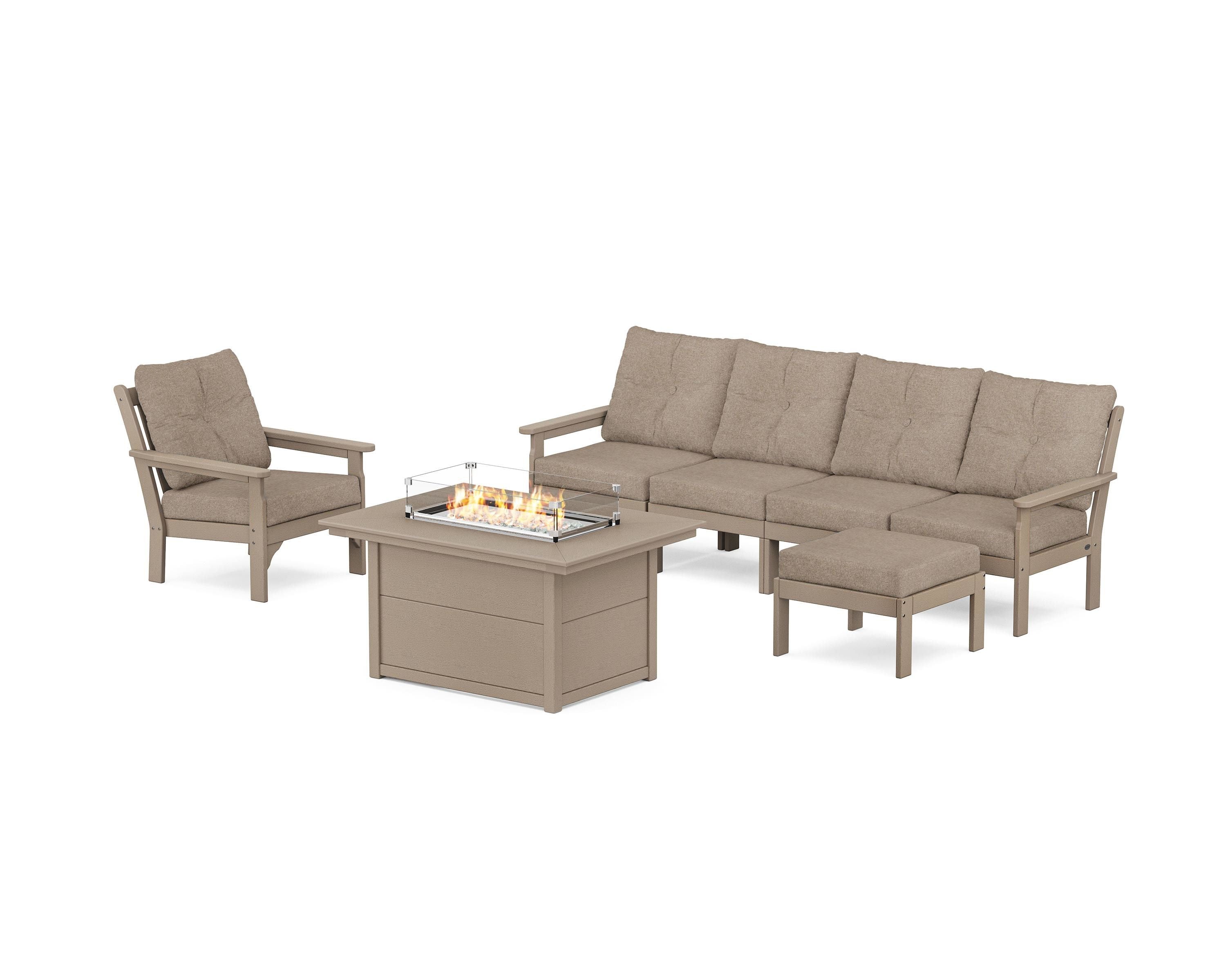 POLYWOOD Vineyard Sectional Lounge and Fire Pit Set in Vintage Sahara / Spiced Burlap