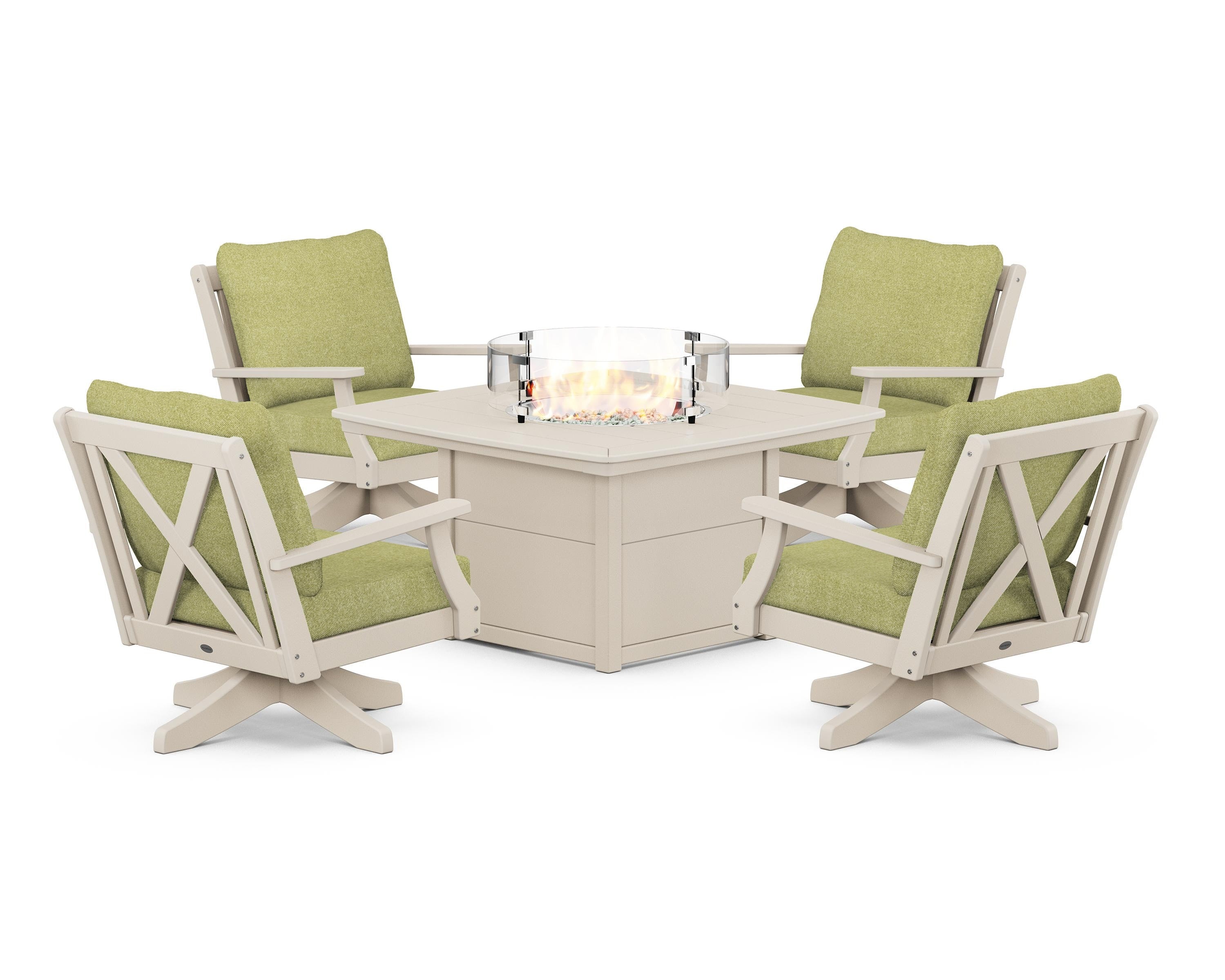 POLYWOOD Braxton 5-Piece Deep Seating Swivel Conversation Set with Fire Pit Table in Sand / Chartreuse Boucle