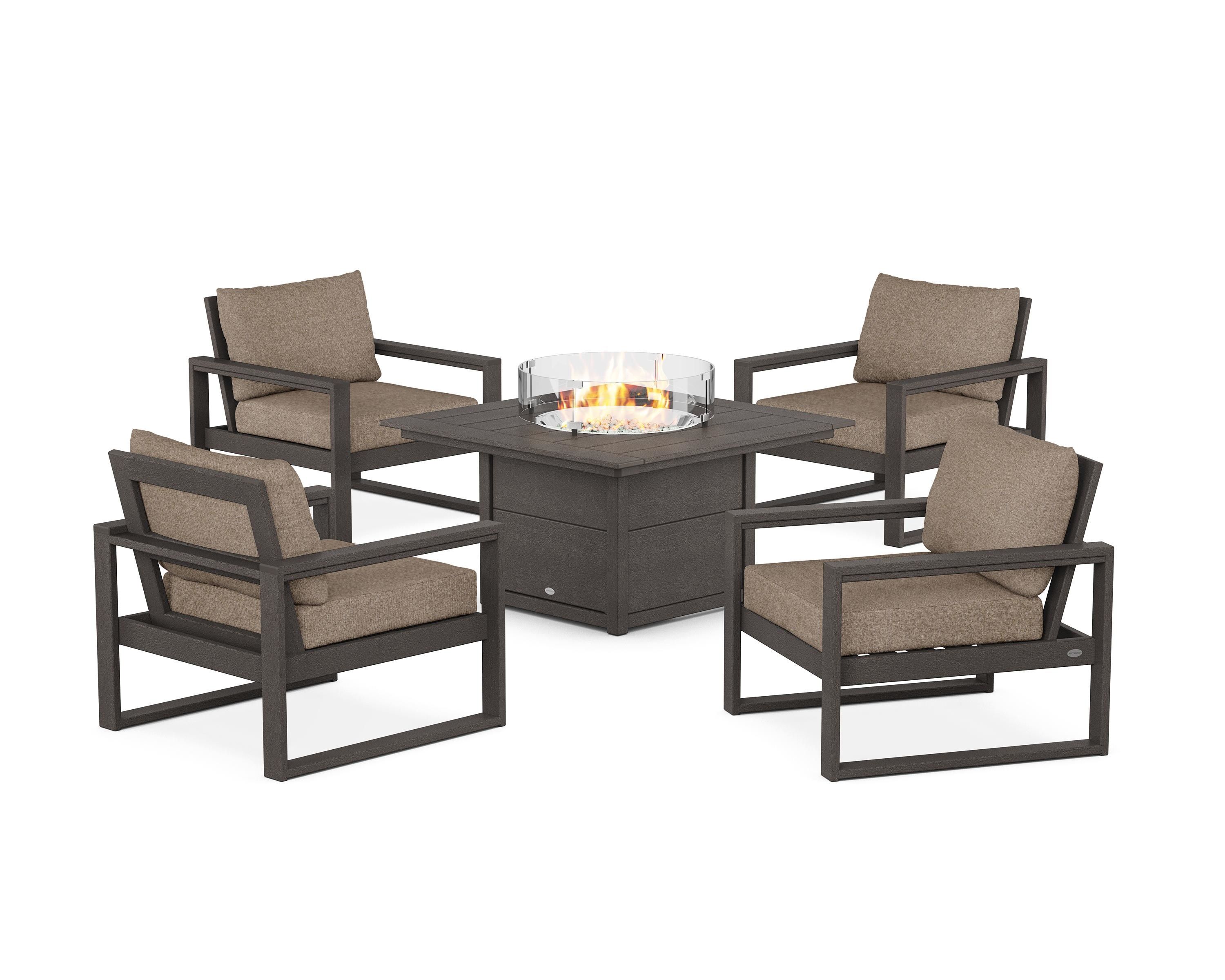 POLYWOOD EDGE Sectional 5-Piece Deep Seating Set with Fire Pit Table in Vintage Coffee / Spiced Burlap