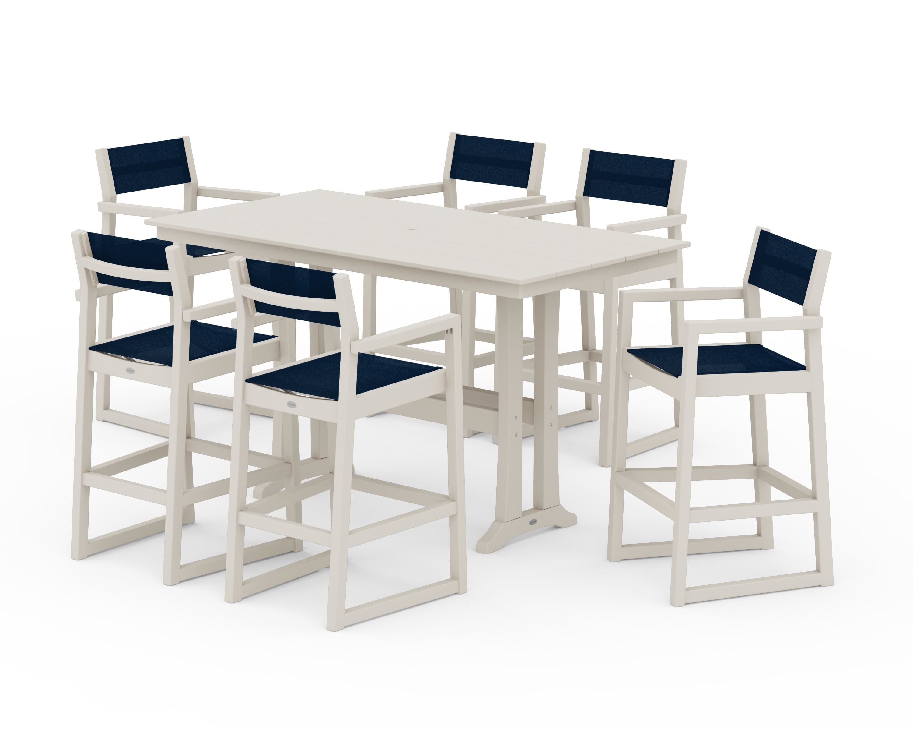 POLYWOOD EDGE Sling Arm Chair 7-Piece Farmhouse Bar Set with Trestle Legs in Sand / Navy Blue Sling