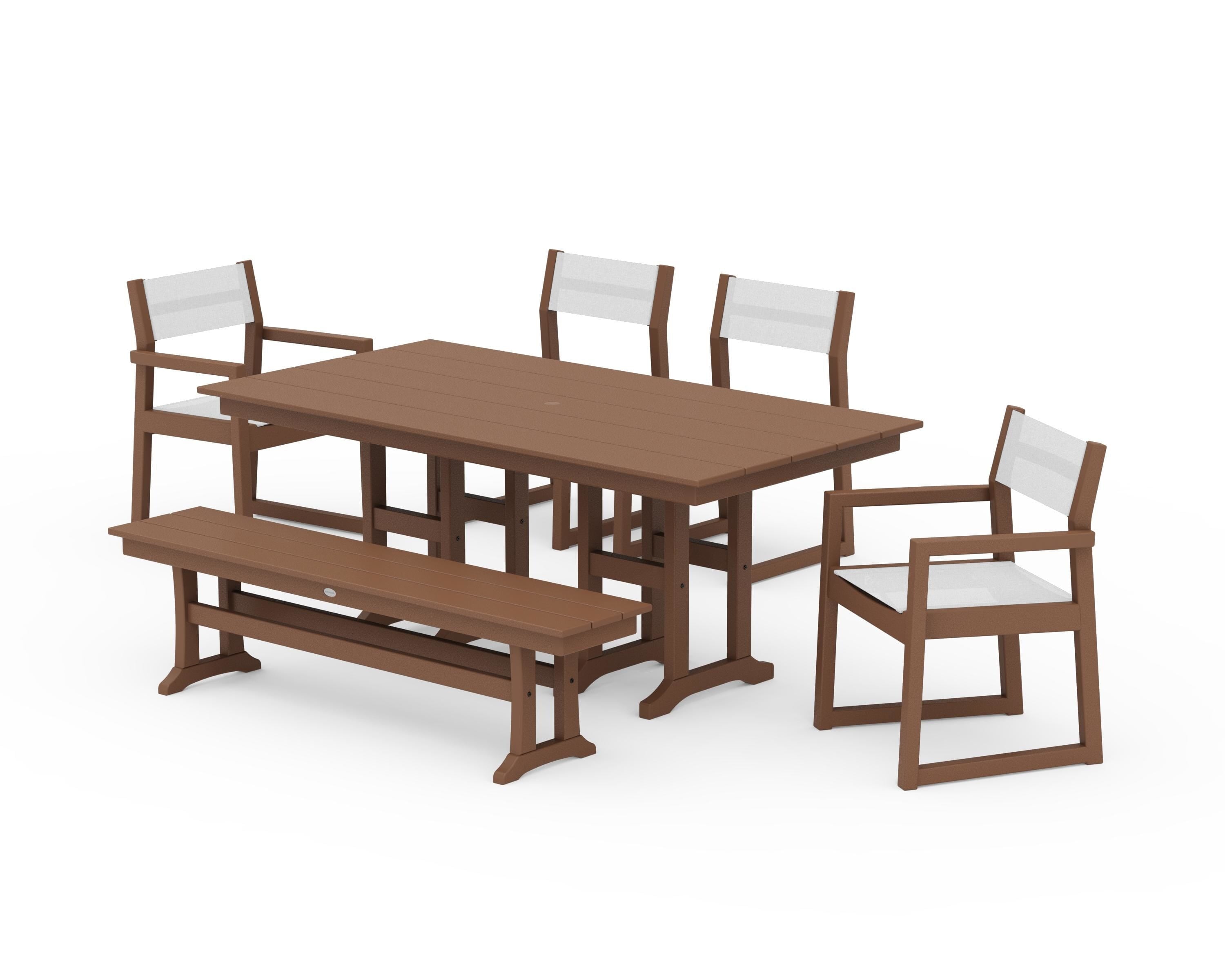 POLYWOOD EDGE Sling 6-Piece Farmhouse Dining Set in Teak / White Sling