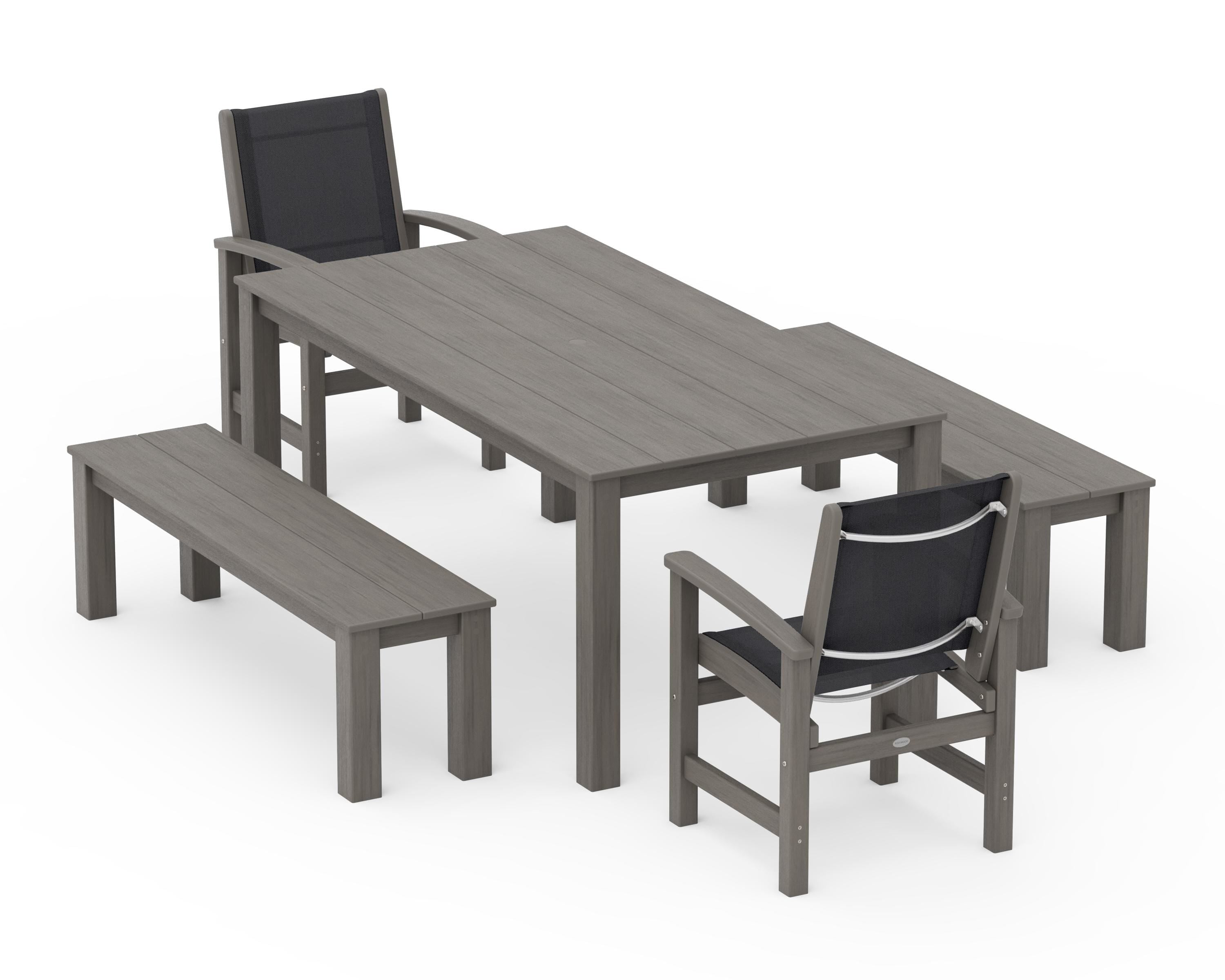 POLYWOOD Coastal 5-Piece Parsons Dining Set with Benches in Driftwood / Black Sling