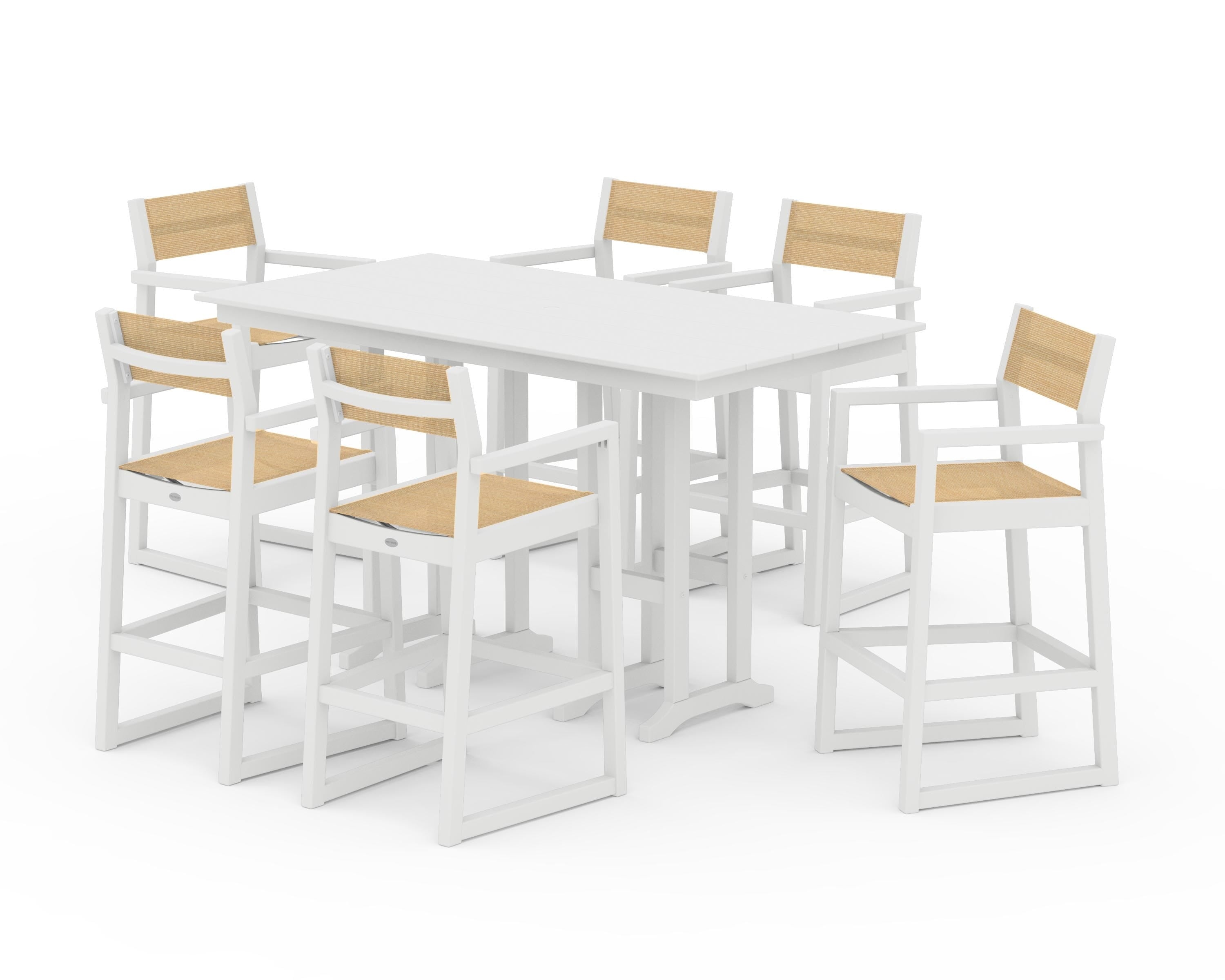 POLYWOOD EDGE Sling Arm Chair 7-Piece Farmhouse Bar Set in White / Dupioni Apricot Sling