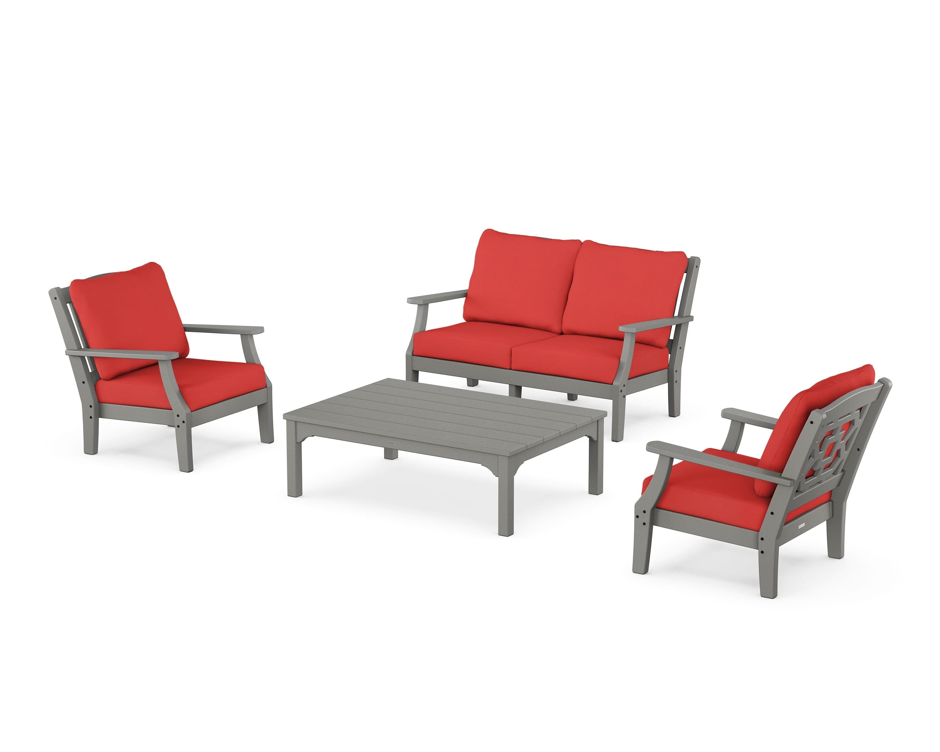 Martha Stewart by POLYWOOD Chinoiserie 4-Piece Deep Seating Set with Loveseat in Slate Grey / Crimson Linen