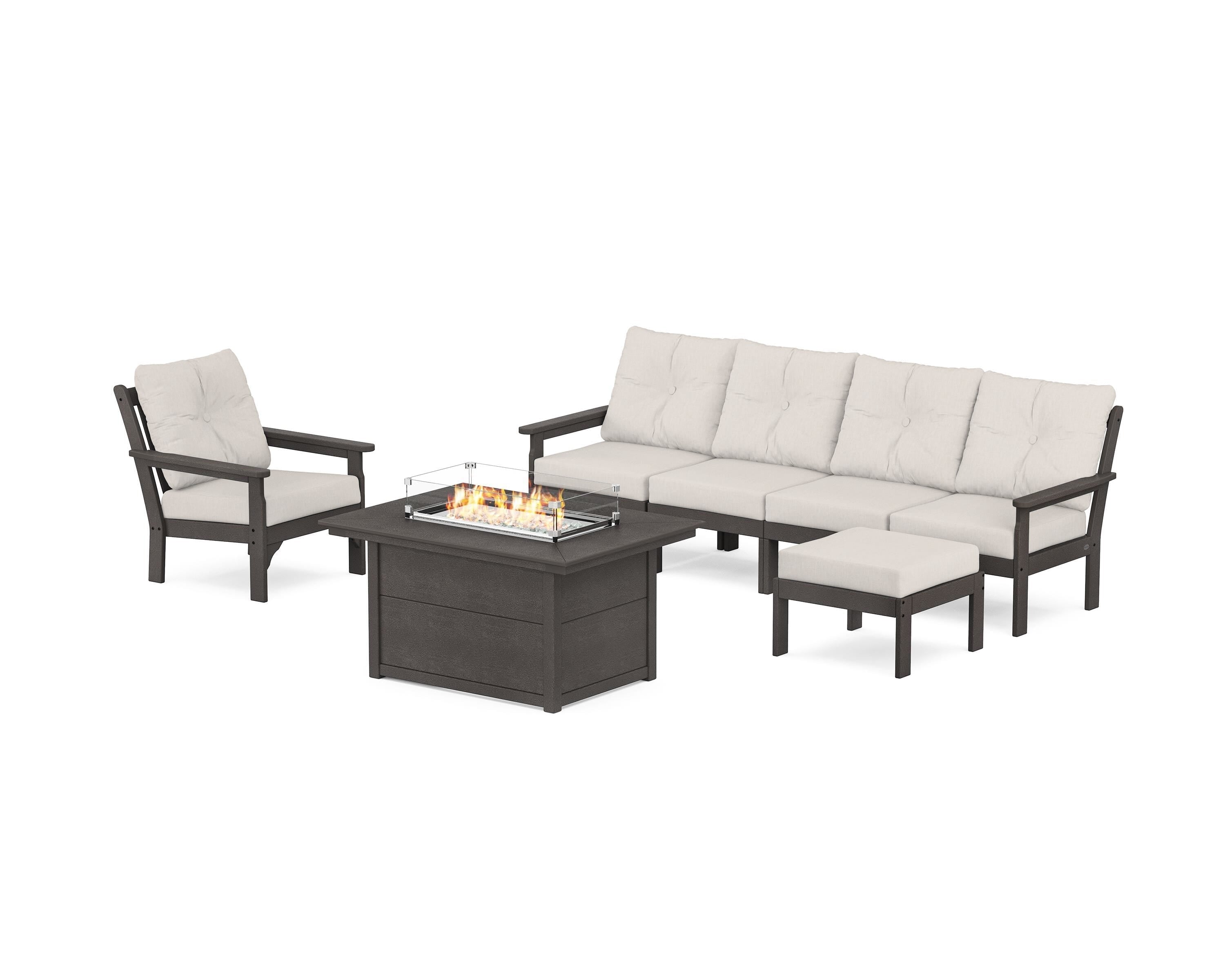 POLYWOOD Vineyard Sectional Lounge and Fire Pit Set in Vintage Coffee / Cast Ash