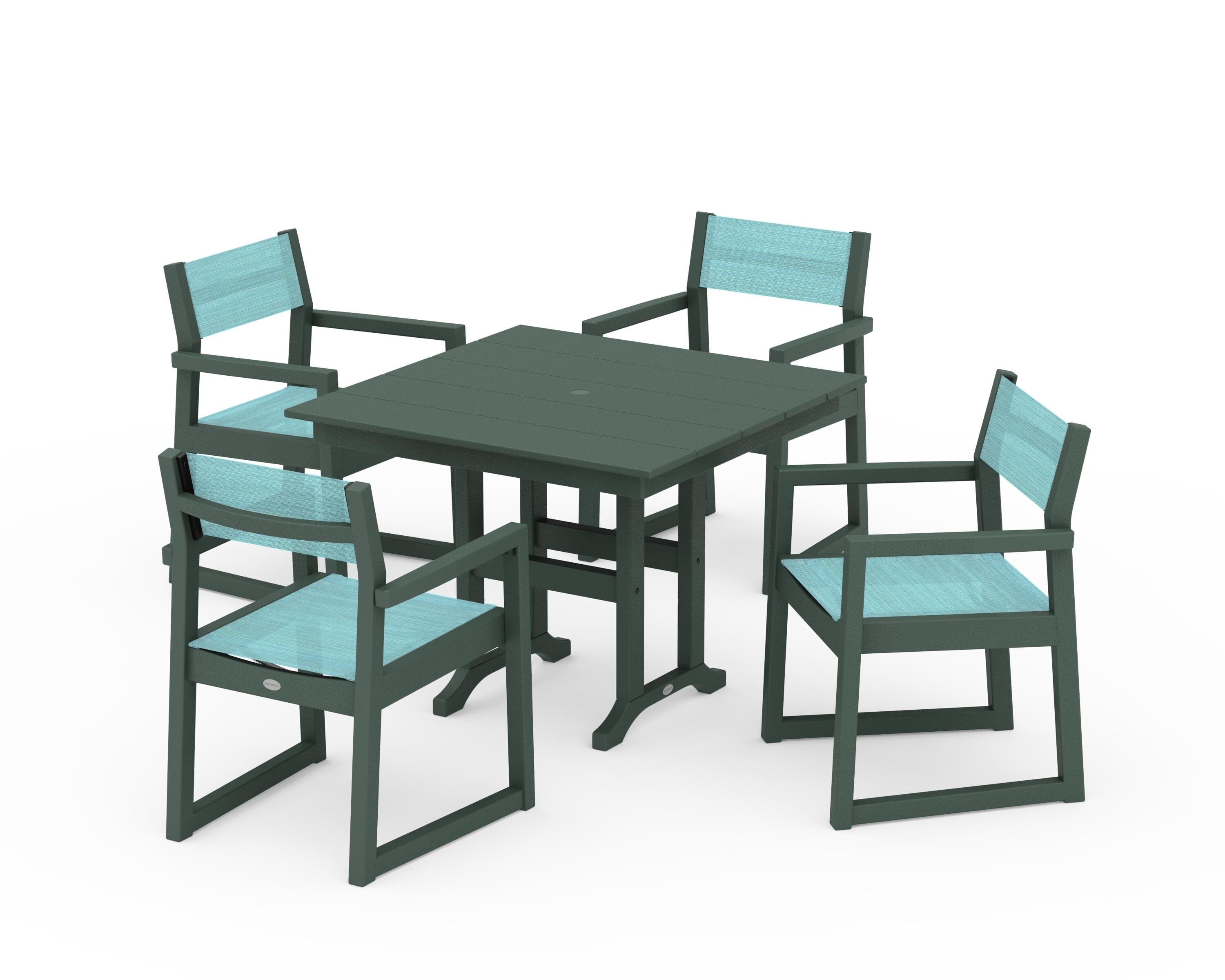 POLYWOOD EDGE Sling Arm Chair 5-Piece Farmhouse Dining Set in Green / Dupioni Aquamarine Sling