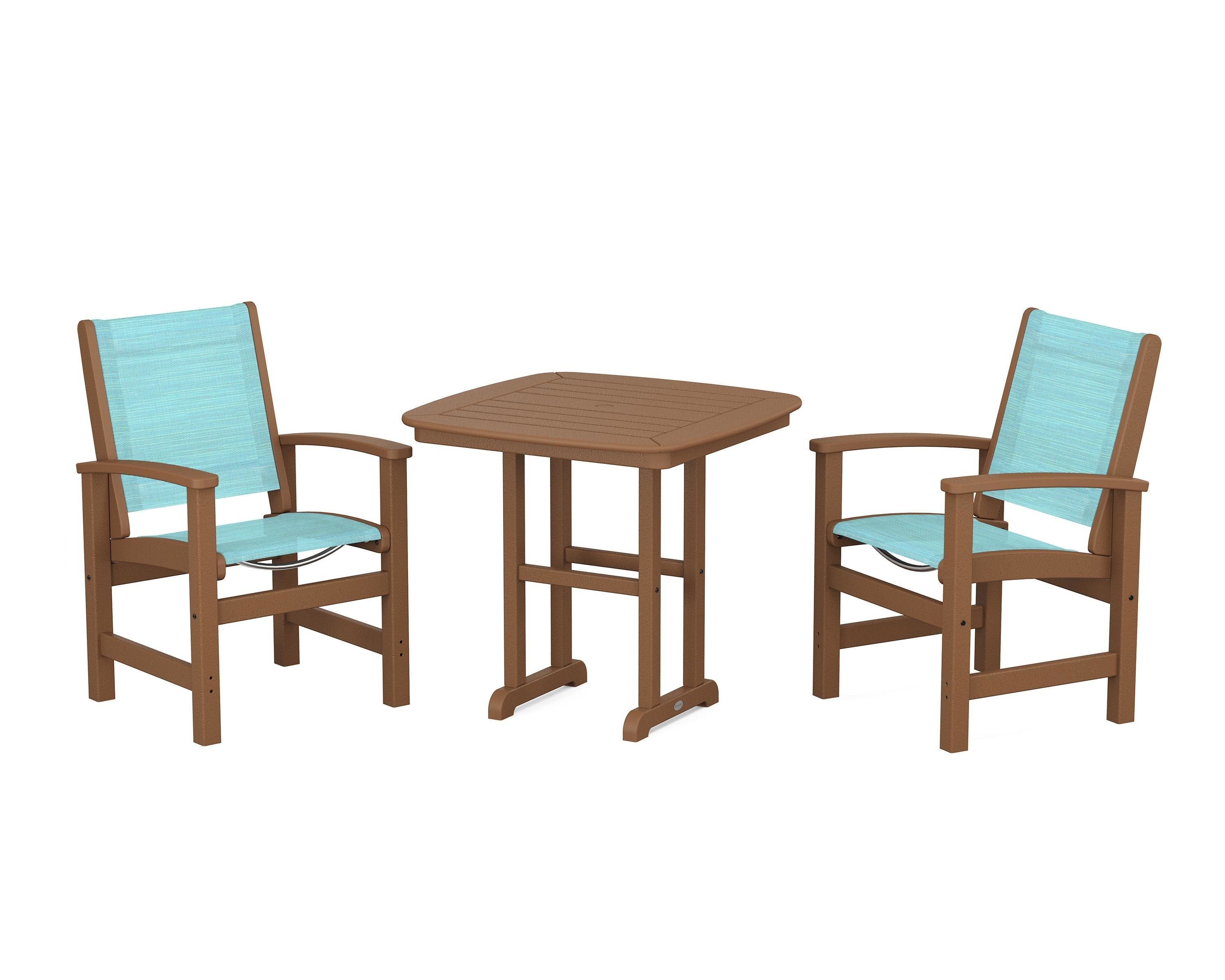 POLYWOOD Coastal 3-Piece Dining Set in Teak / Dupioni Aquamarine Sling