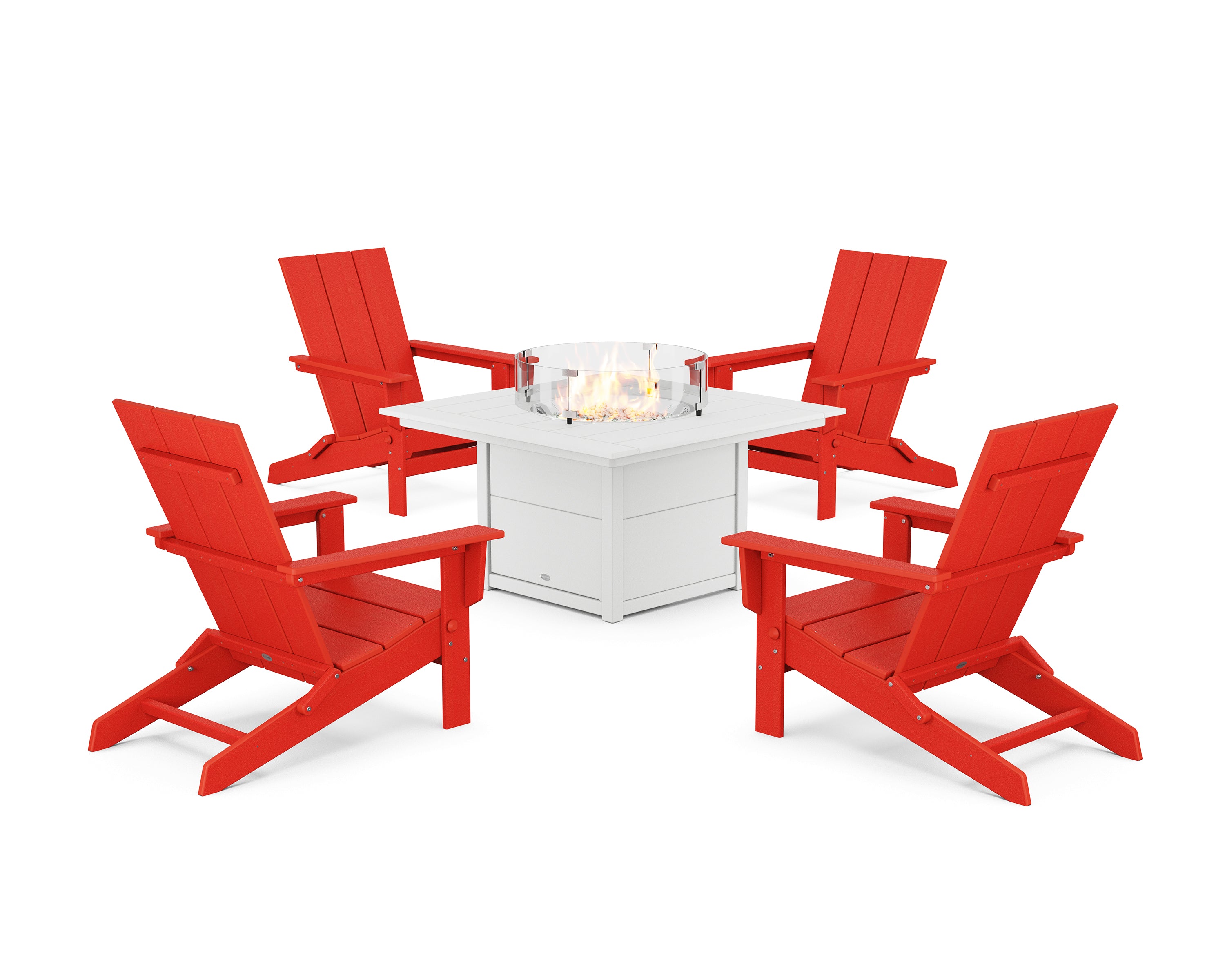 POLYWOOD® 5-Piece Modern Studio Folding Adirondack Conversation Set with Fire Pit Table in Sunset Red / White
