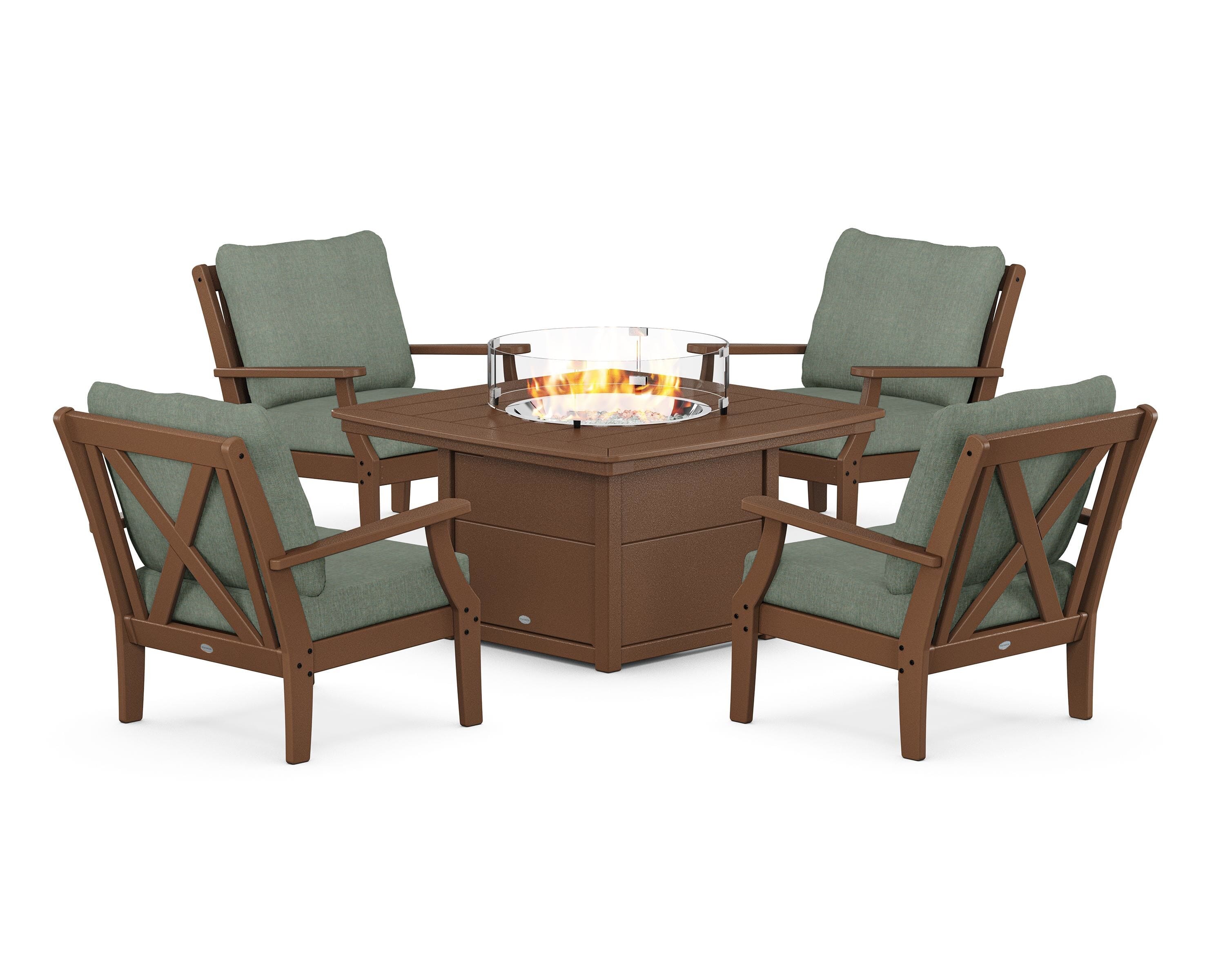 POLYWOOD Braxton 5-Piece Deep Seating Conversation Set with Fire Pit Table in Teak / Cast Sage