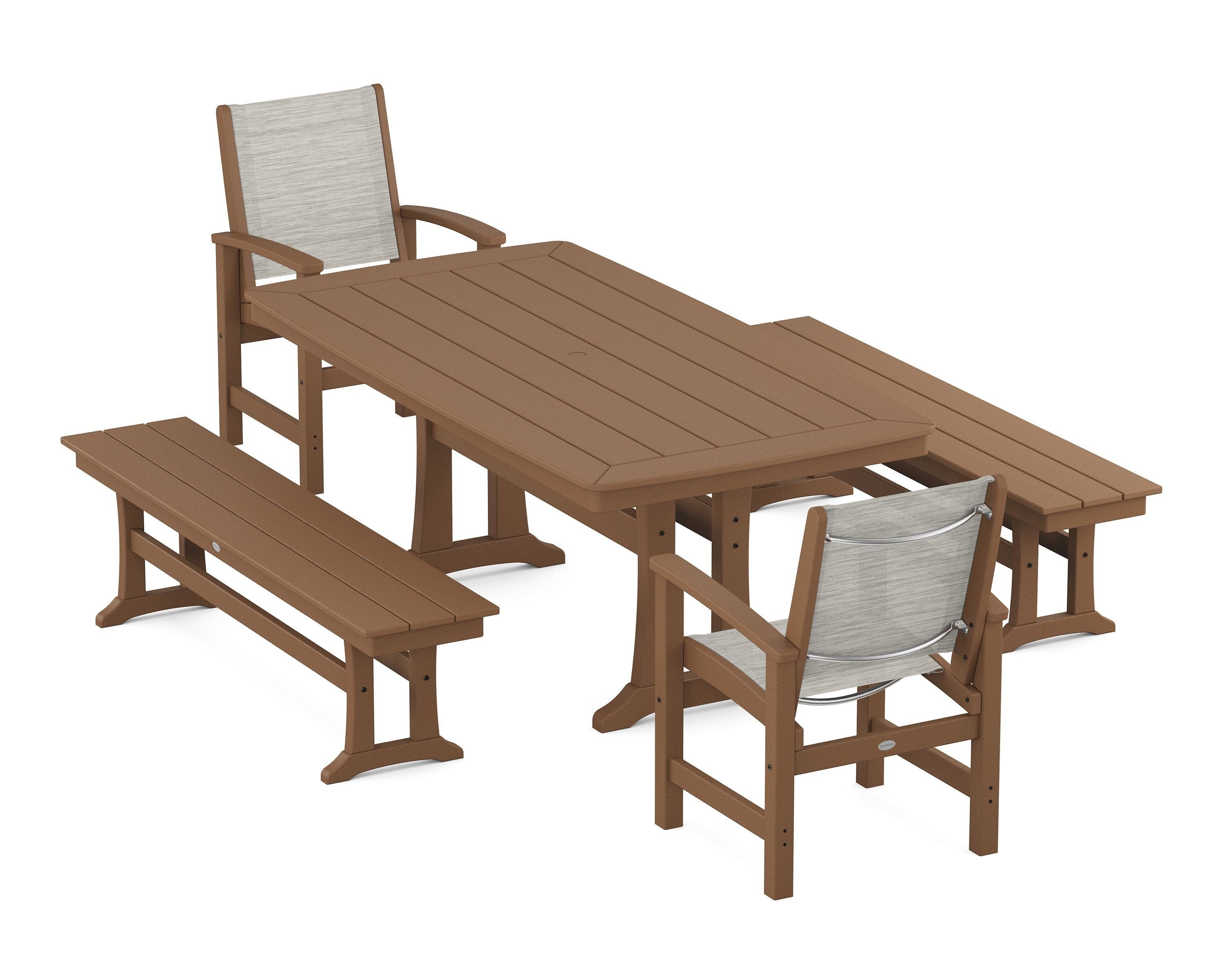 POLYWOOD Coastal 5-Piece Dining Set with Trestle Legs and Benches in Teak / Birch Sling