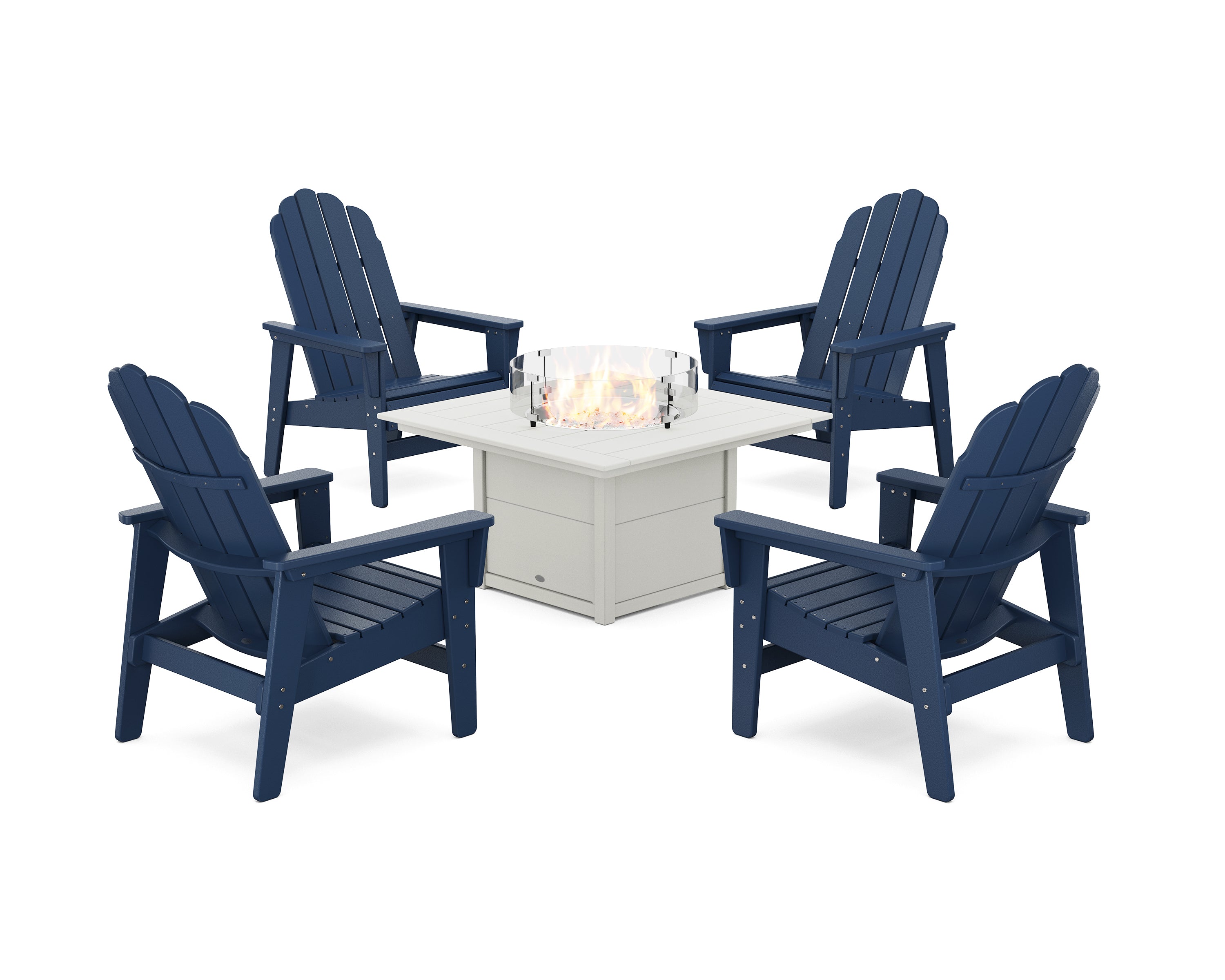 POLYWOOD® 5-Piece Vineyard Grand Upright Adirondack Conversation Set with Fire Pit Table in Navy / White