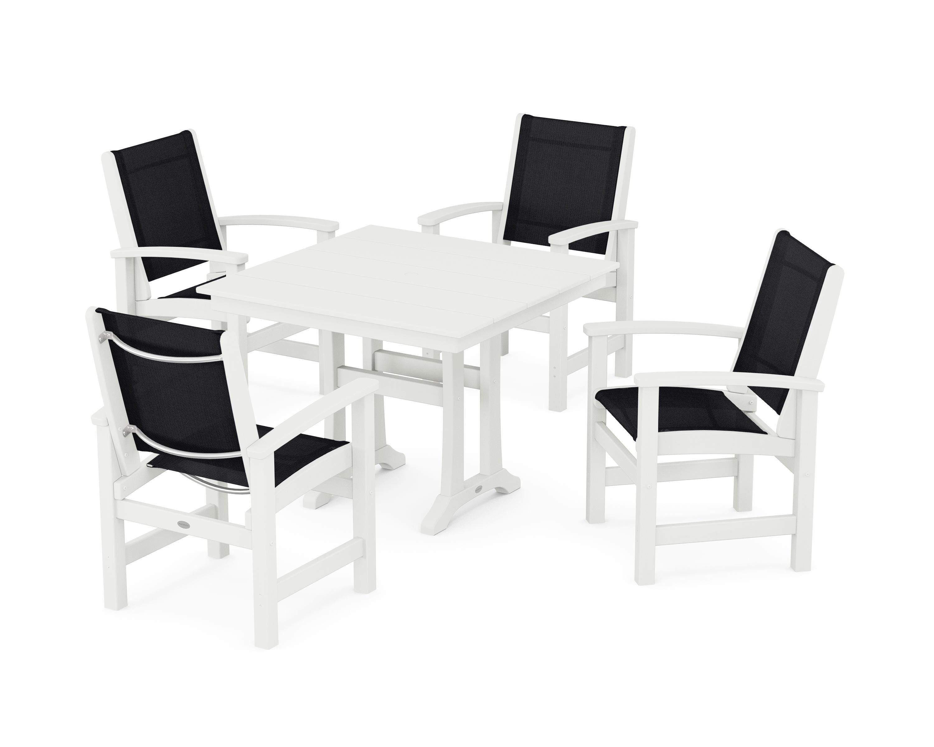 POLYWOOD Coastal 5-Piece Farmhouse Dining Set With Trestle Legs in Vintage White / Black Sling