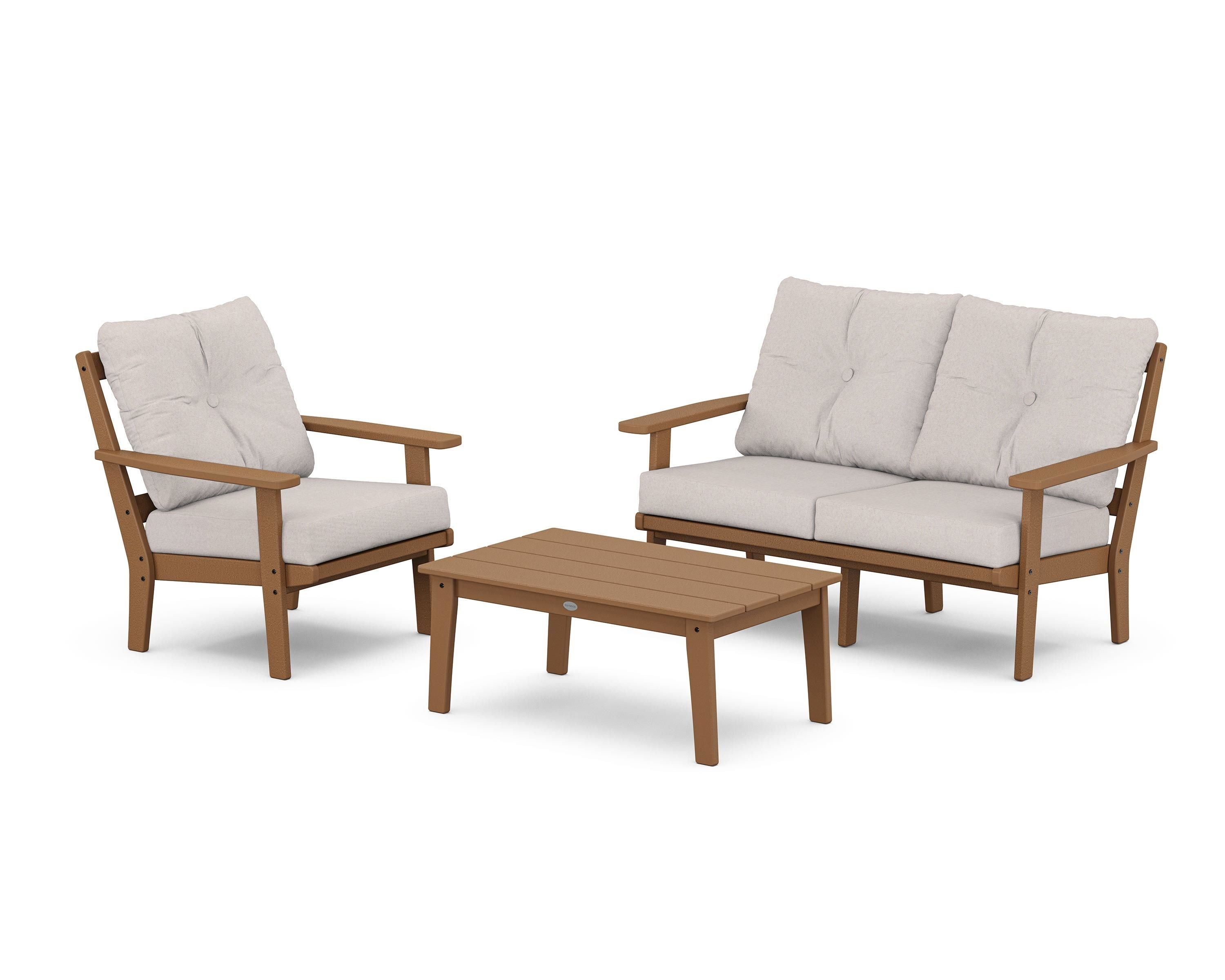 POLYWOOD Oxford 3-Piece Deep Seating Set with Loveseat in Teak / Dune Burlap
