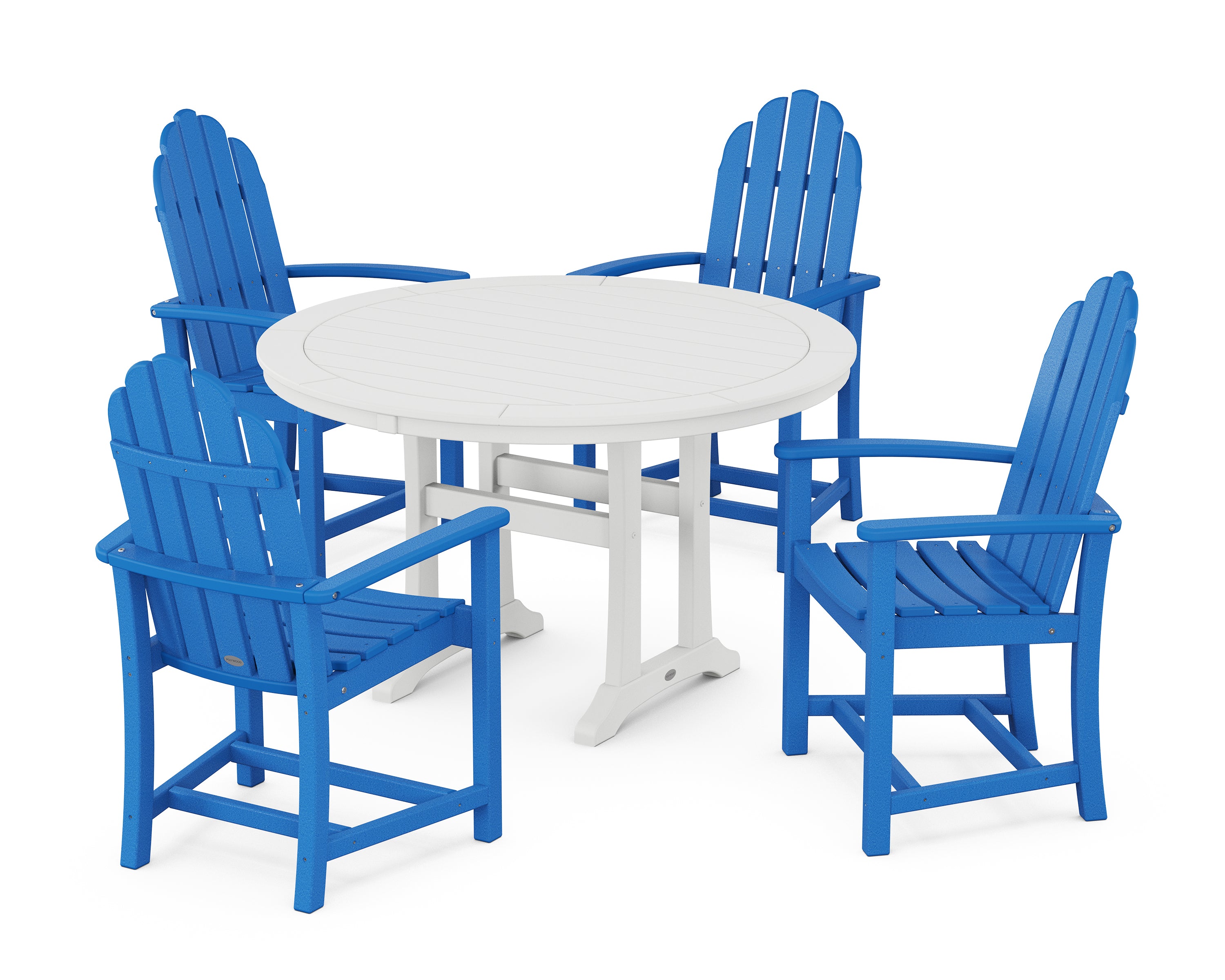 POLYWOOD® Classic Adirondack 5-Piece Round Dining Set with Trestle Legs in Pacific Blue / White